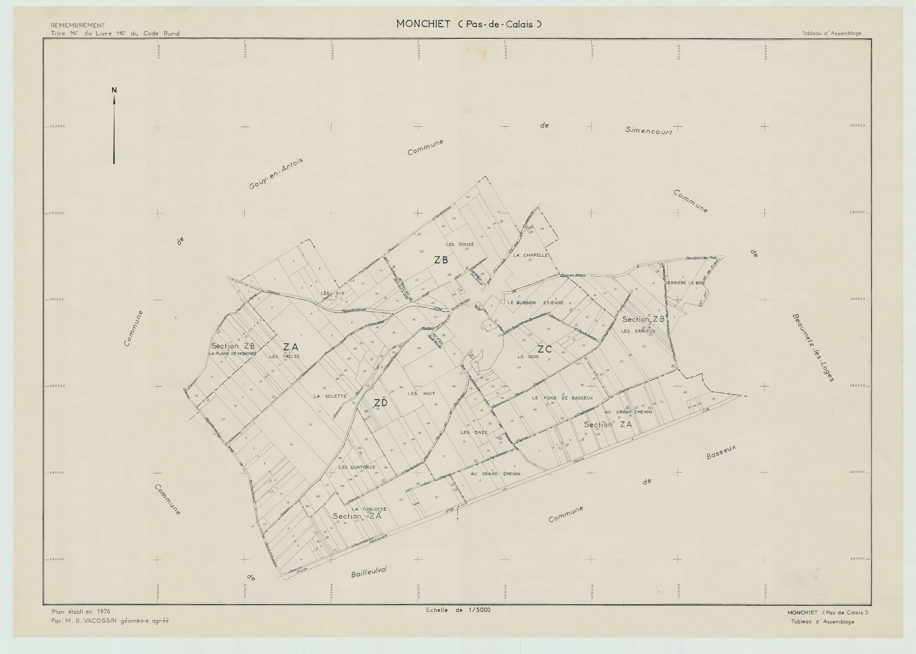 Monchiet - Plan cadastral : tableau d'assemblage postérieur au remembrement.