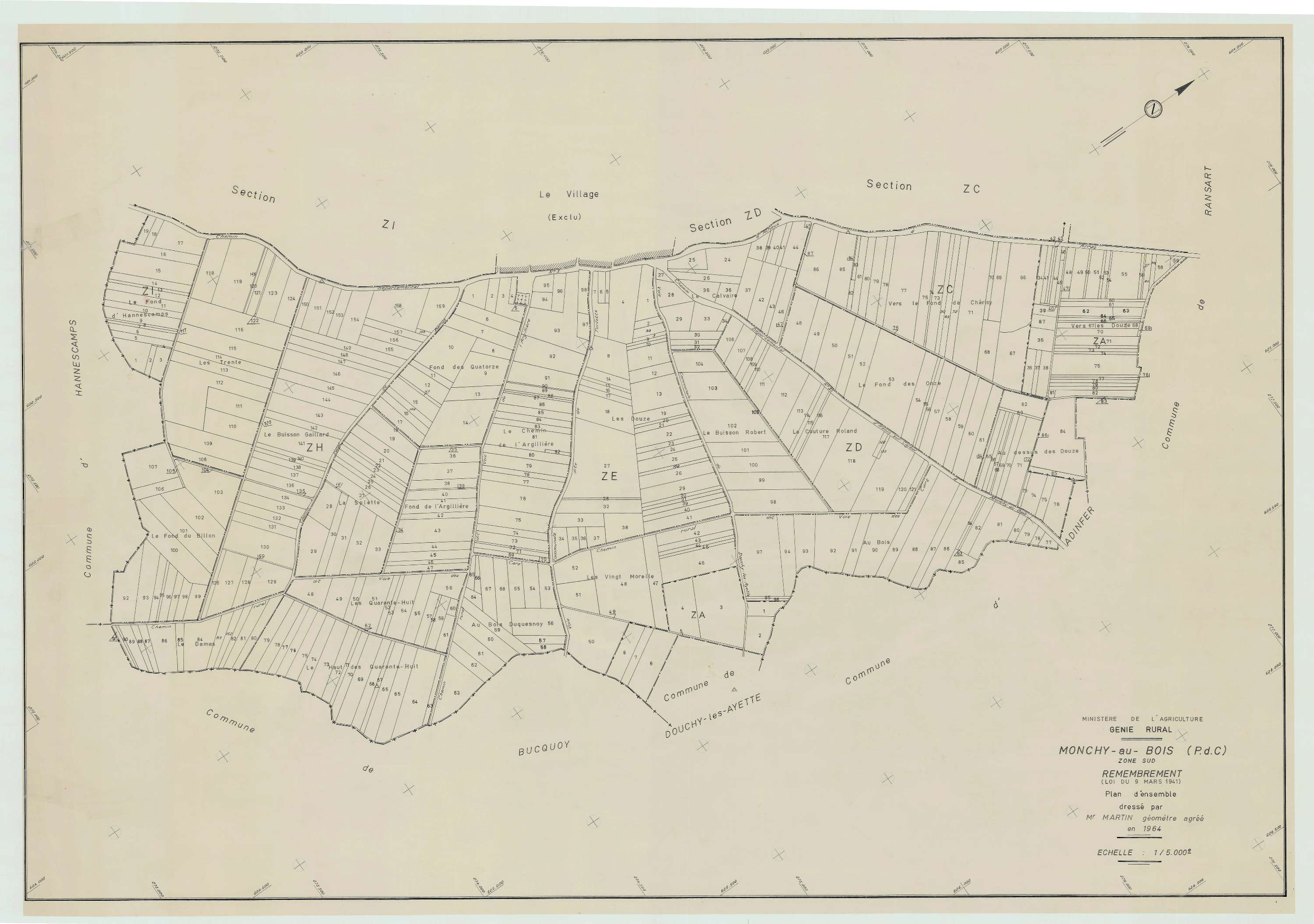 Monchy-au-Bois - Plan cadastral : tableau d'assemblage postérieur au remembrement.