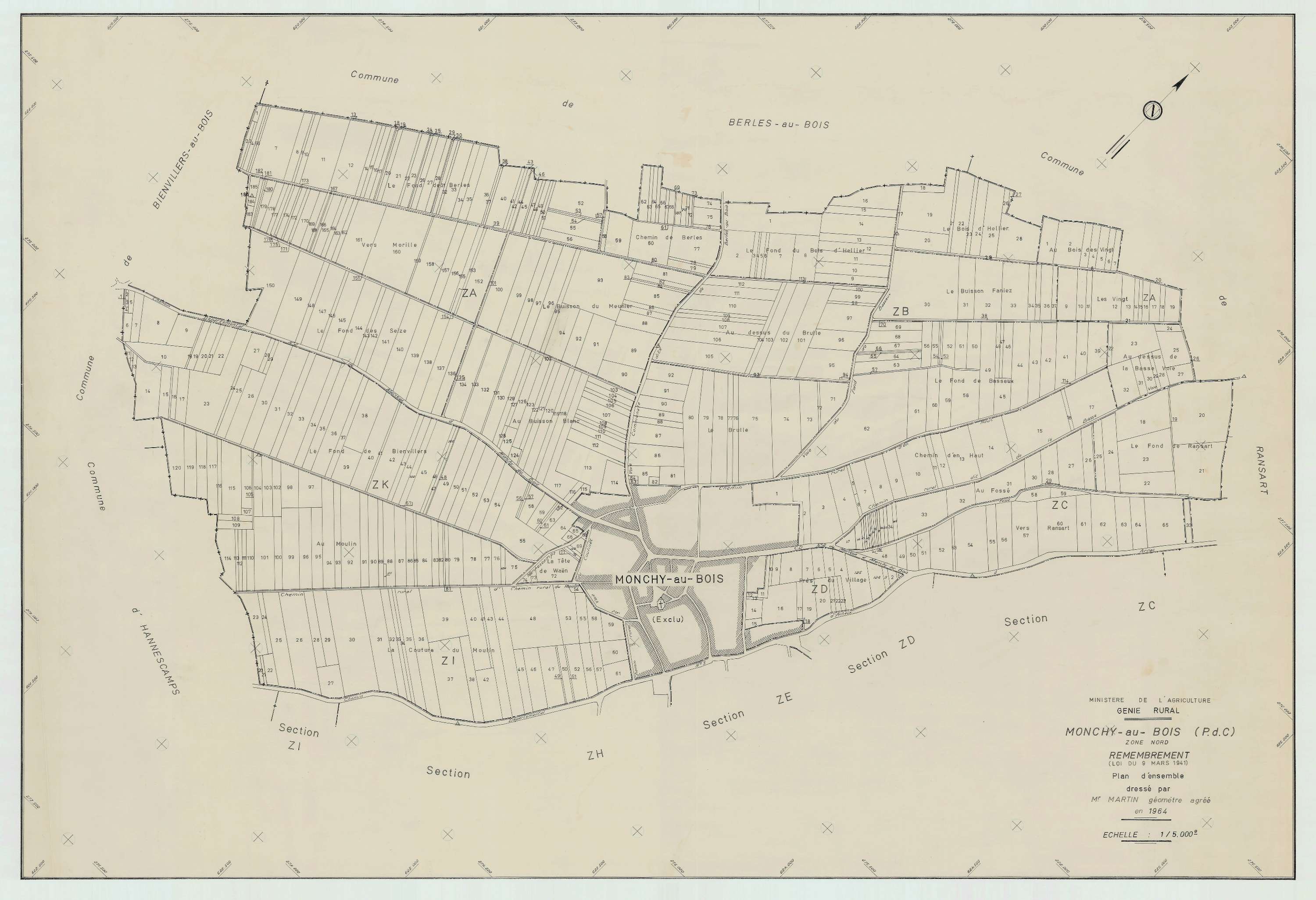 Monchy-au-Bois - Plan cadastral : tableau d'assemblage postérieur au remembrement.