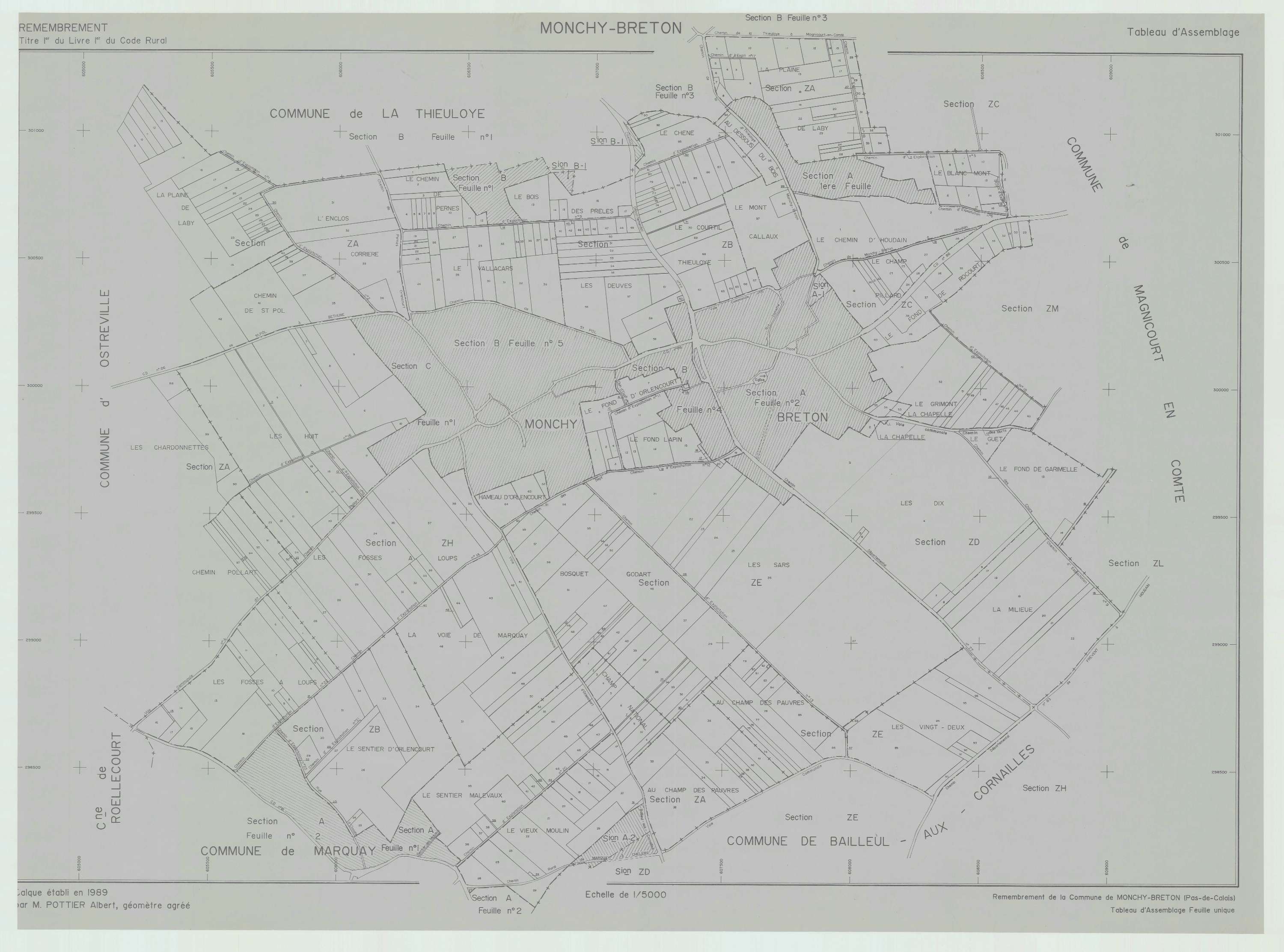 Monchy-Breton - Plan cadastral : tableau d'assemblage postérieur au remembrement.