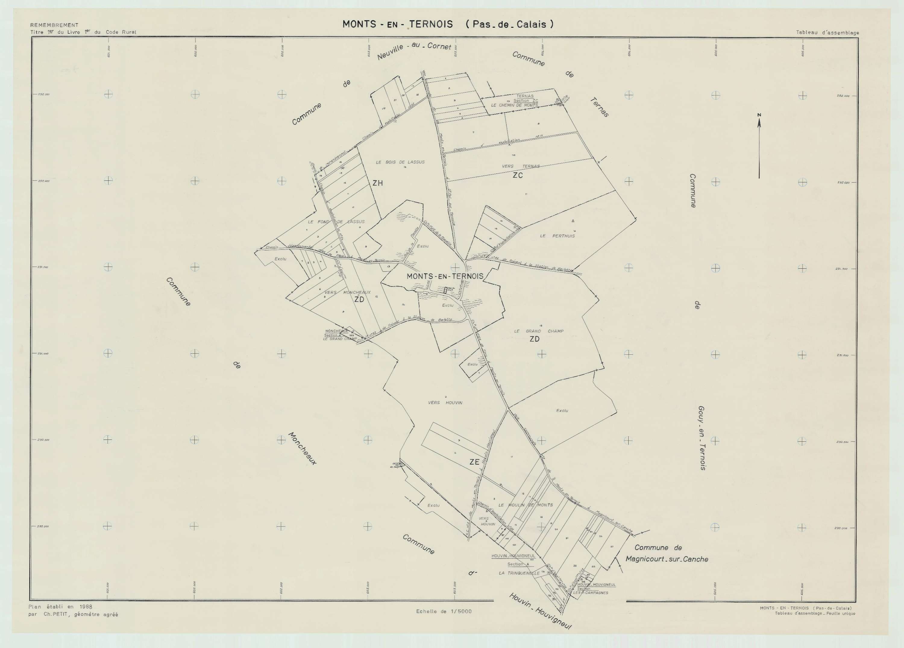 Monts-en-Ternois - Plan cadastral : tableau d'assemblage postérieur au remembrement.