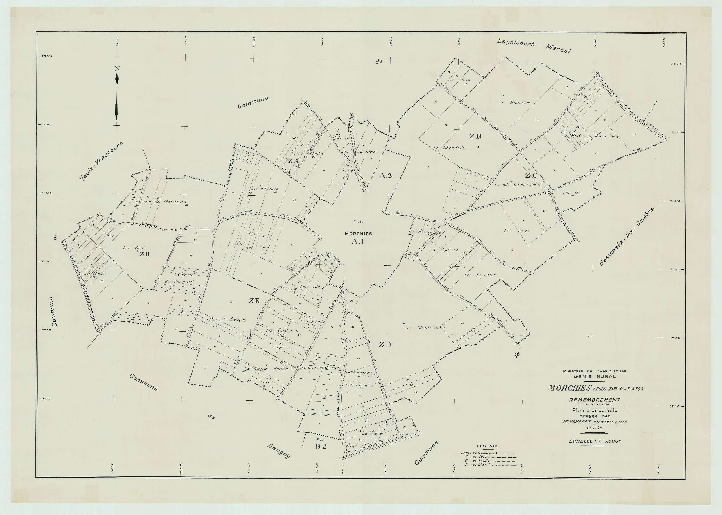 Morchies - Plan cadastral : tableau d'assemblage postérieur au remembrement.