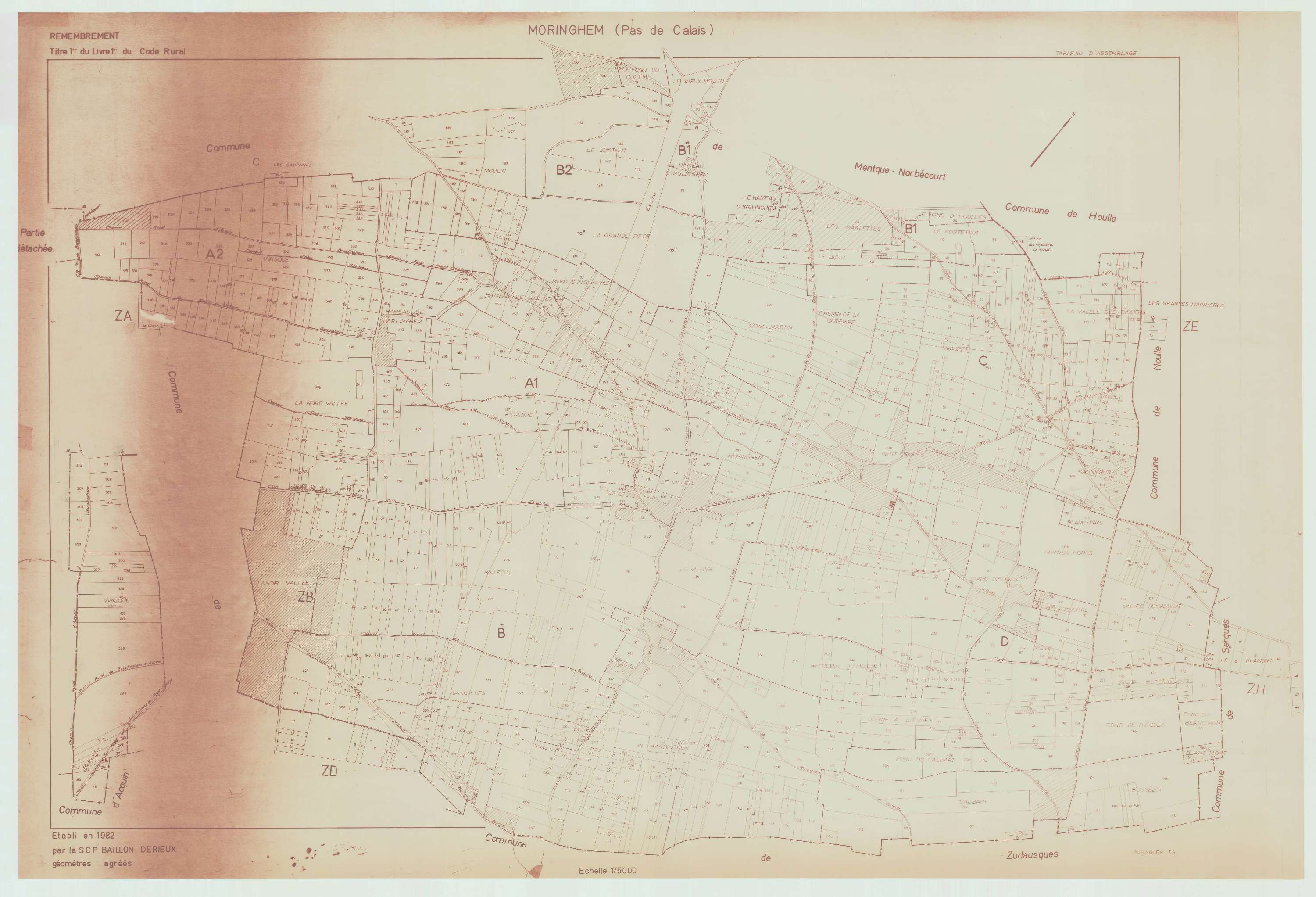 Moringhem - Plan cadastral : tableau d'assemblage antérieur au remembrement.