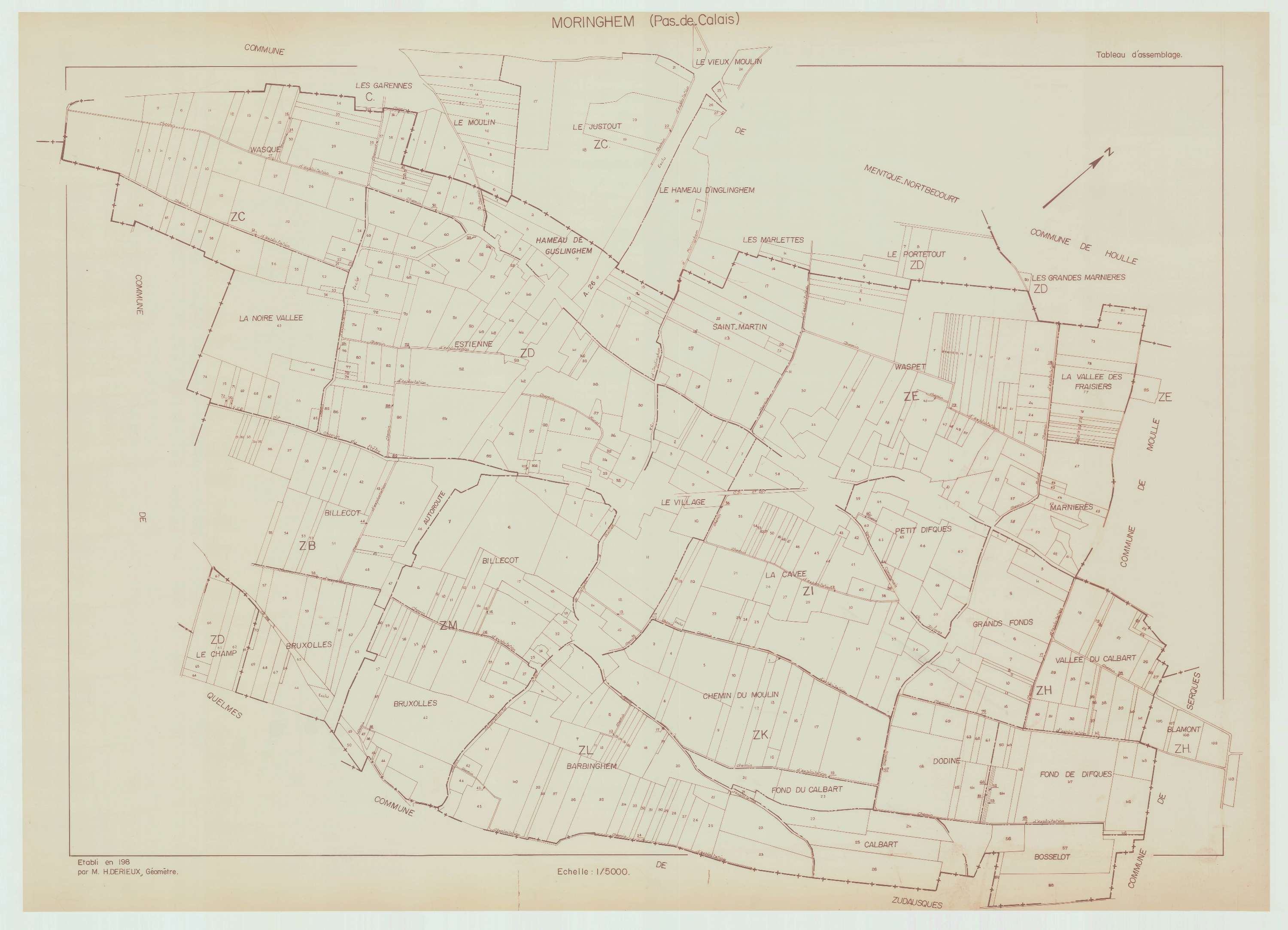 Moringhem - Plan cadastral : tableau d'assemblage postérieur au remembrement.