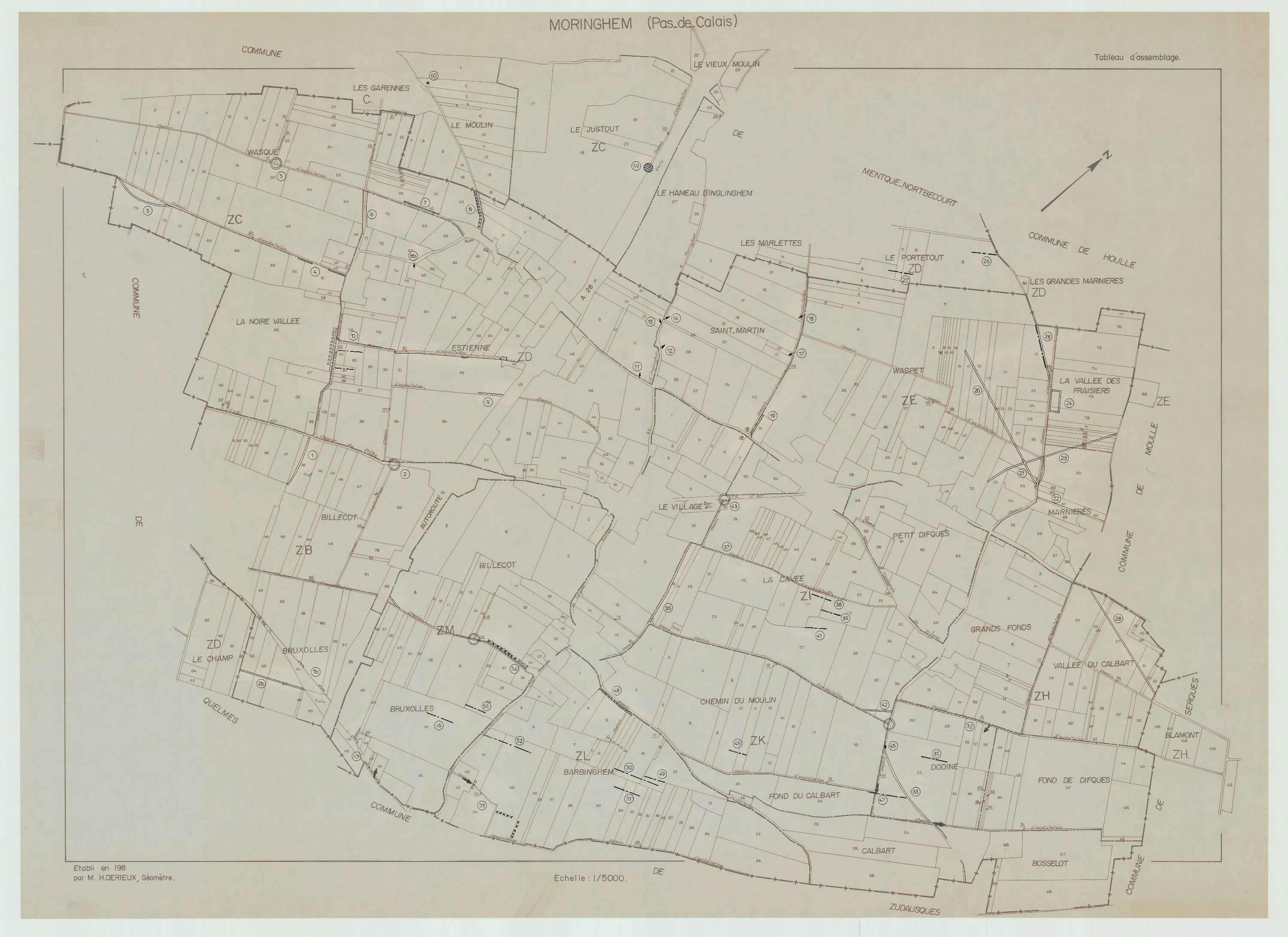 Moringhem - Plan cadastral : tableau d'assemblage postérieur au remembrement.