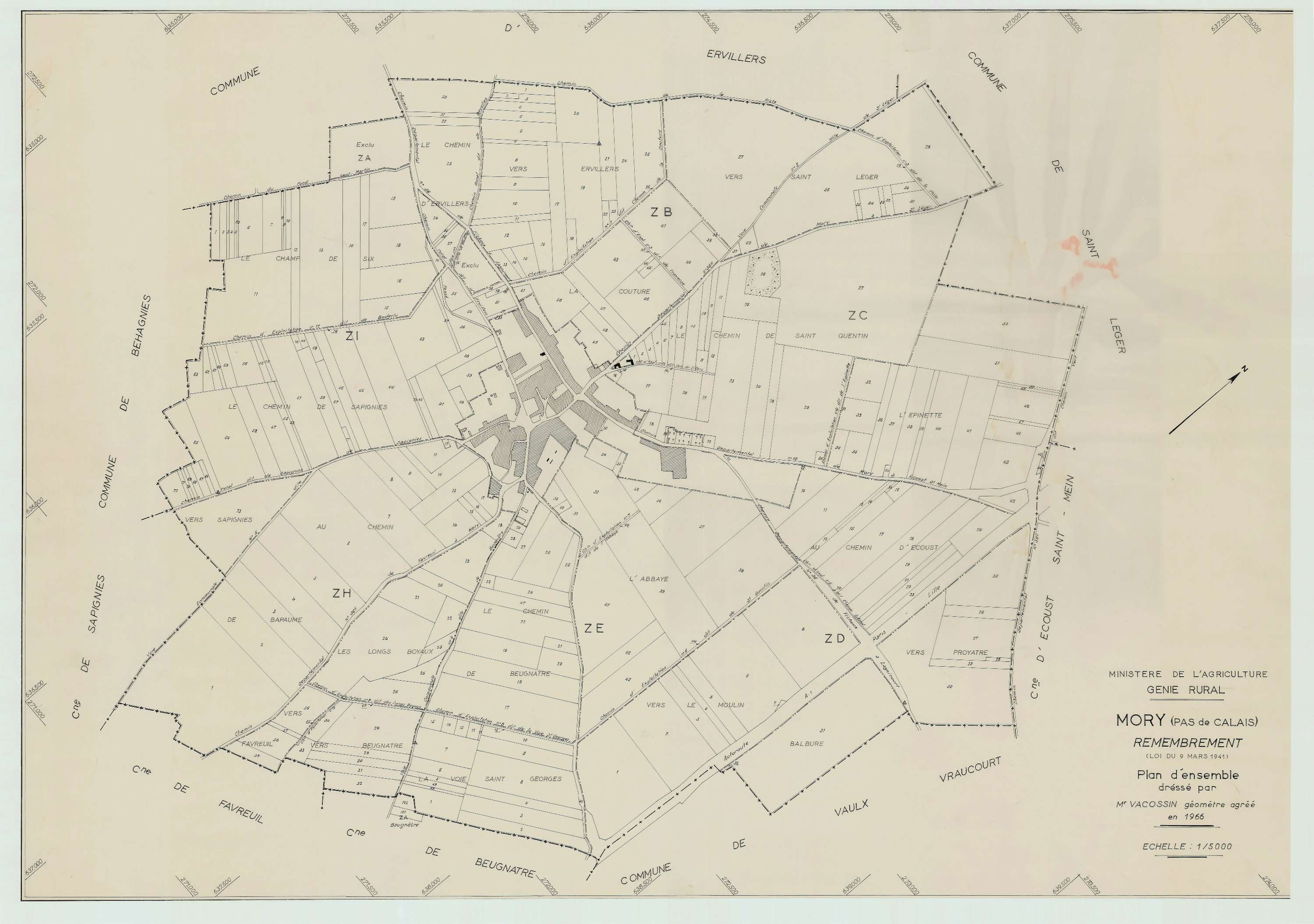 Mory - Plan cadastral : tableau d'assemblage postérieur au remembrement.