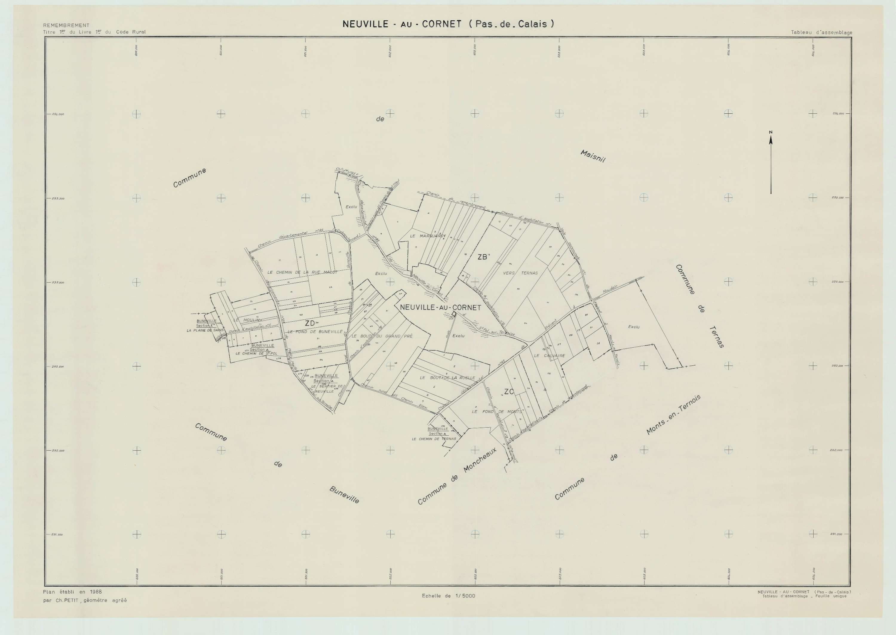 Neuville-au-Cornet - Plan cadastral : tableau d'assemblage postérieur au remembrement.