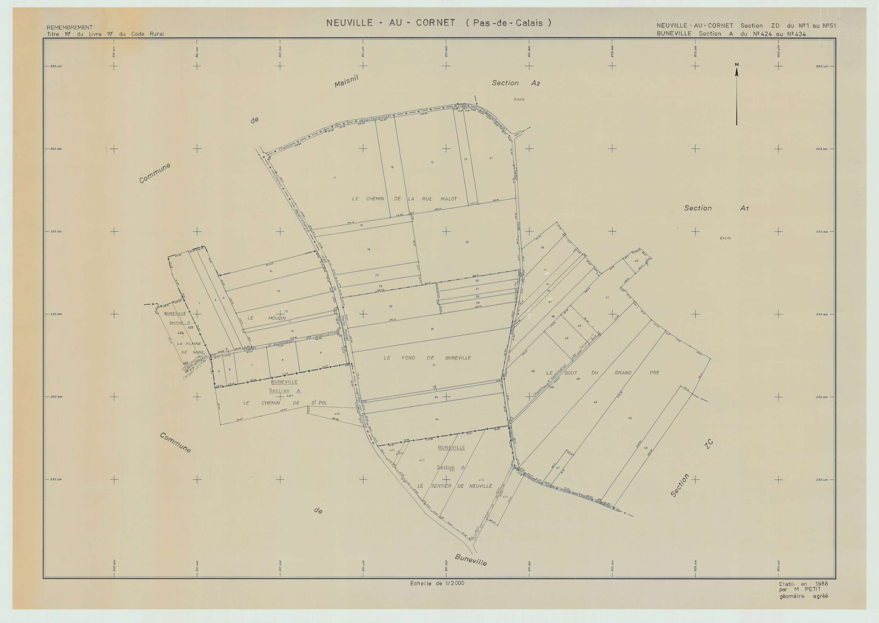 Neuville-au-Cornet - Plan de remembrement : section ZD.