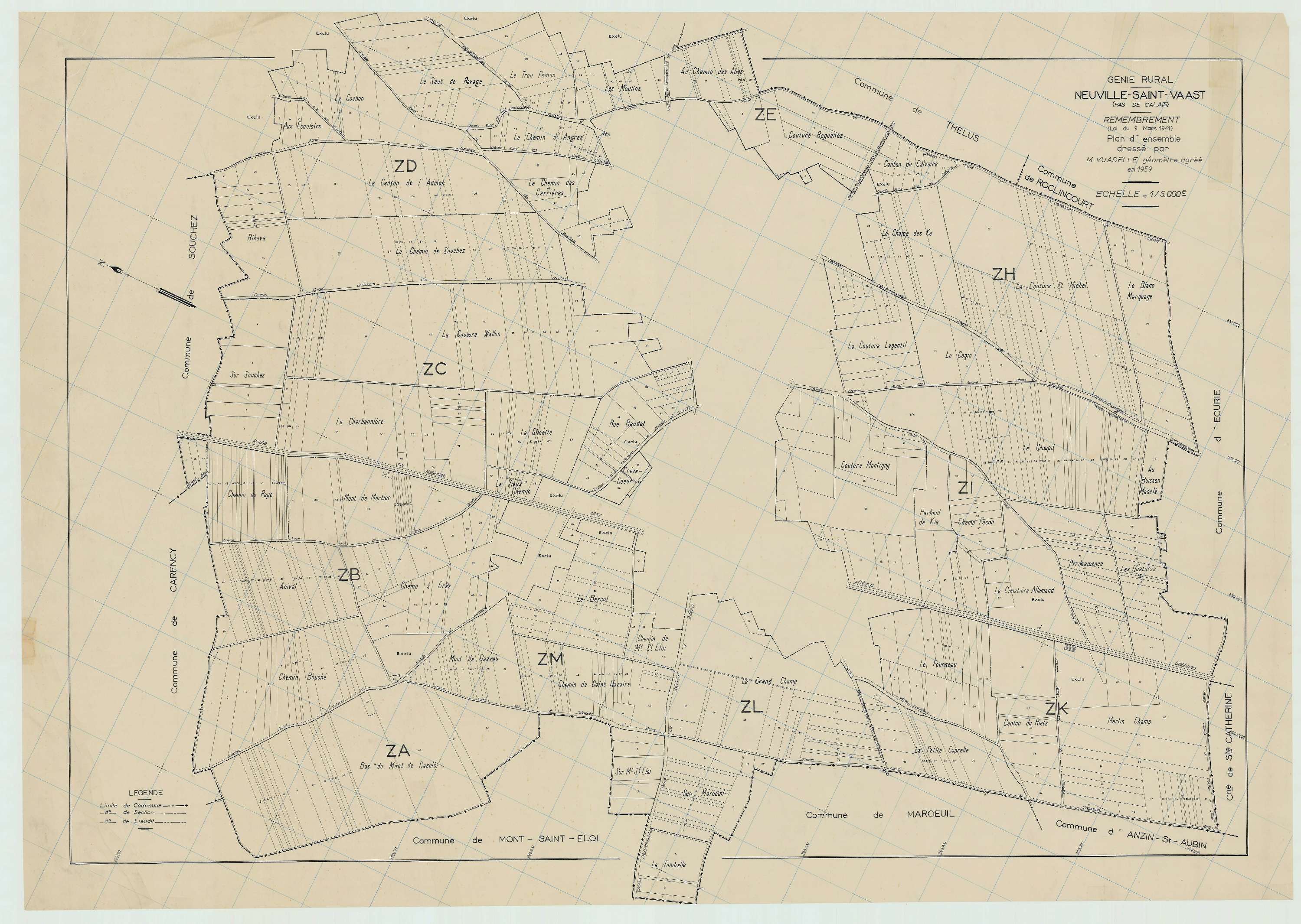 Neuville-Saint-Vaast - Plan cadastral : tableau d'assemblage postérieur au remembrement.