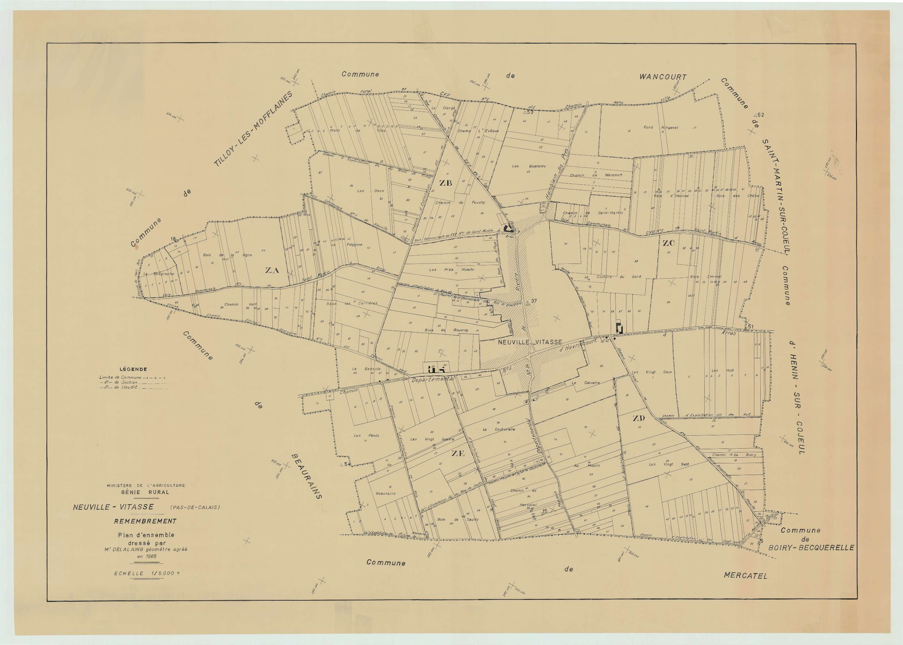 Neuville-Vitasse - Plan cadastral : tableau d'assemblage postérieur au remembrement.