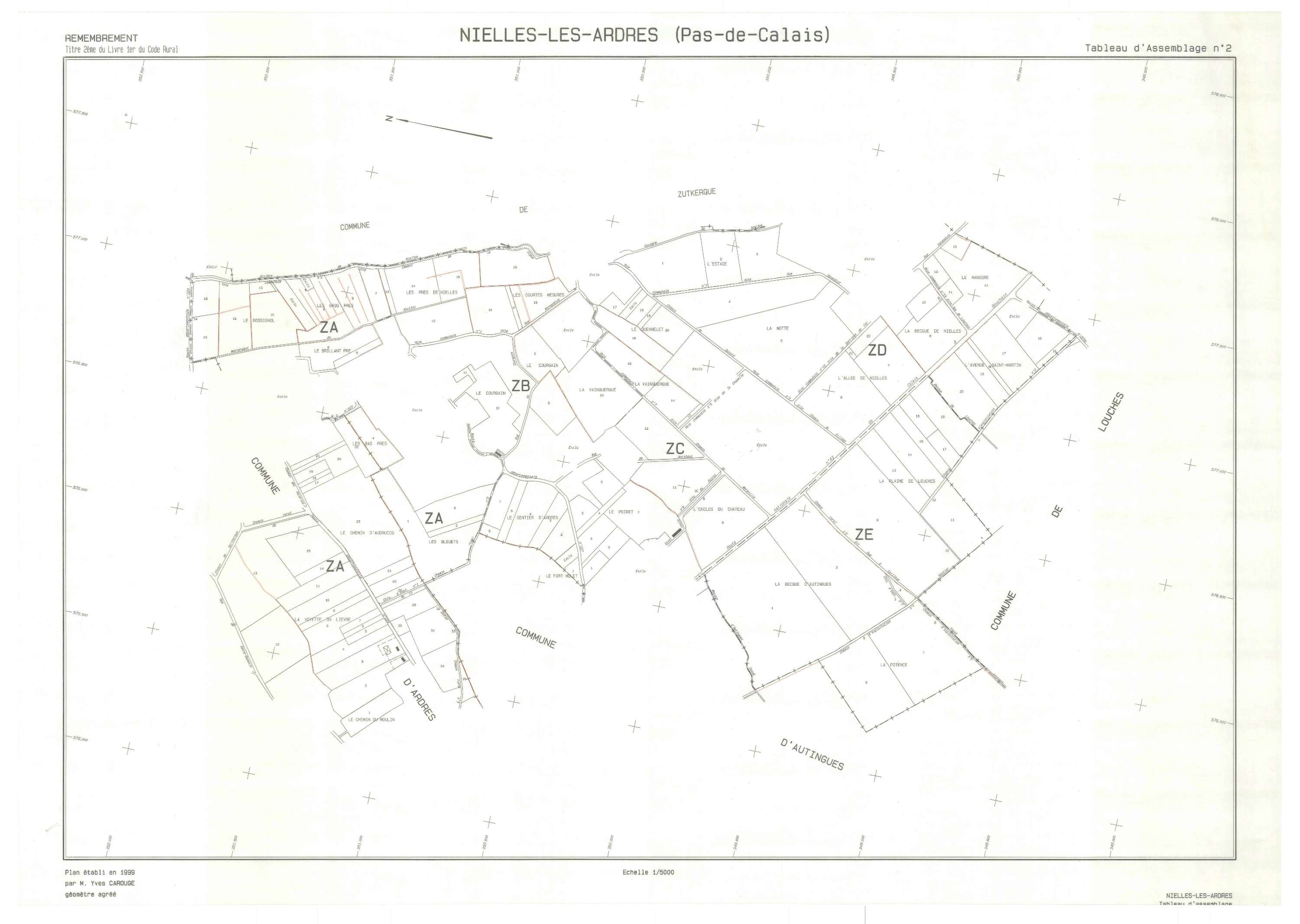 Nielles-lès-Ardres - Plan cadastral : tableau d'assemblage postérieur au remembrement.