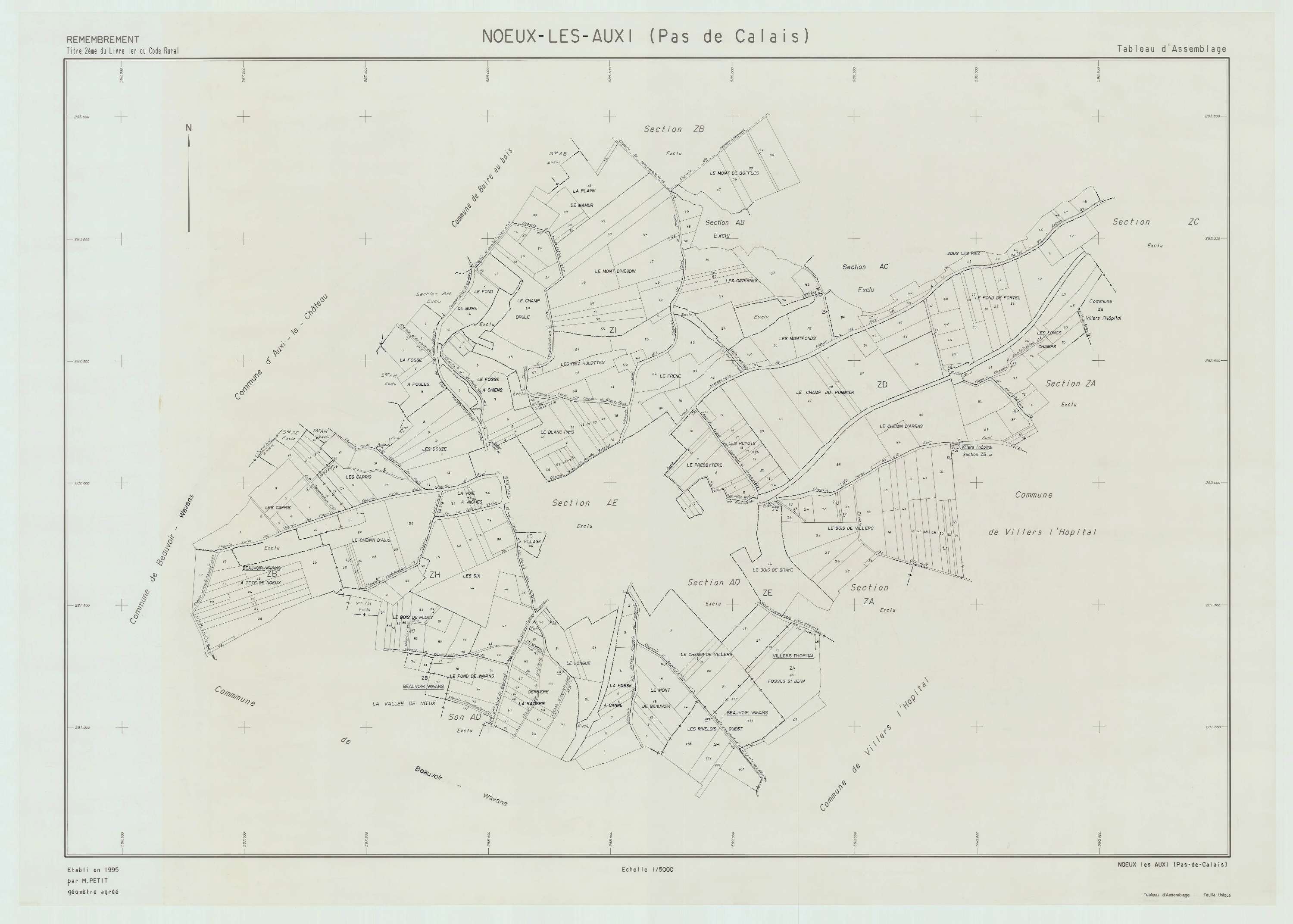Nœux-lès-Auxi - Plan cadastral : tableau d'assemblage postérieur au remembrement.