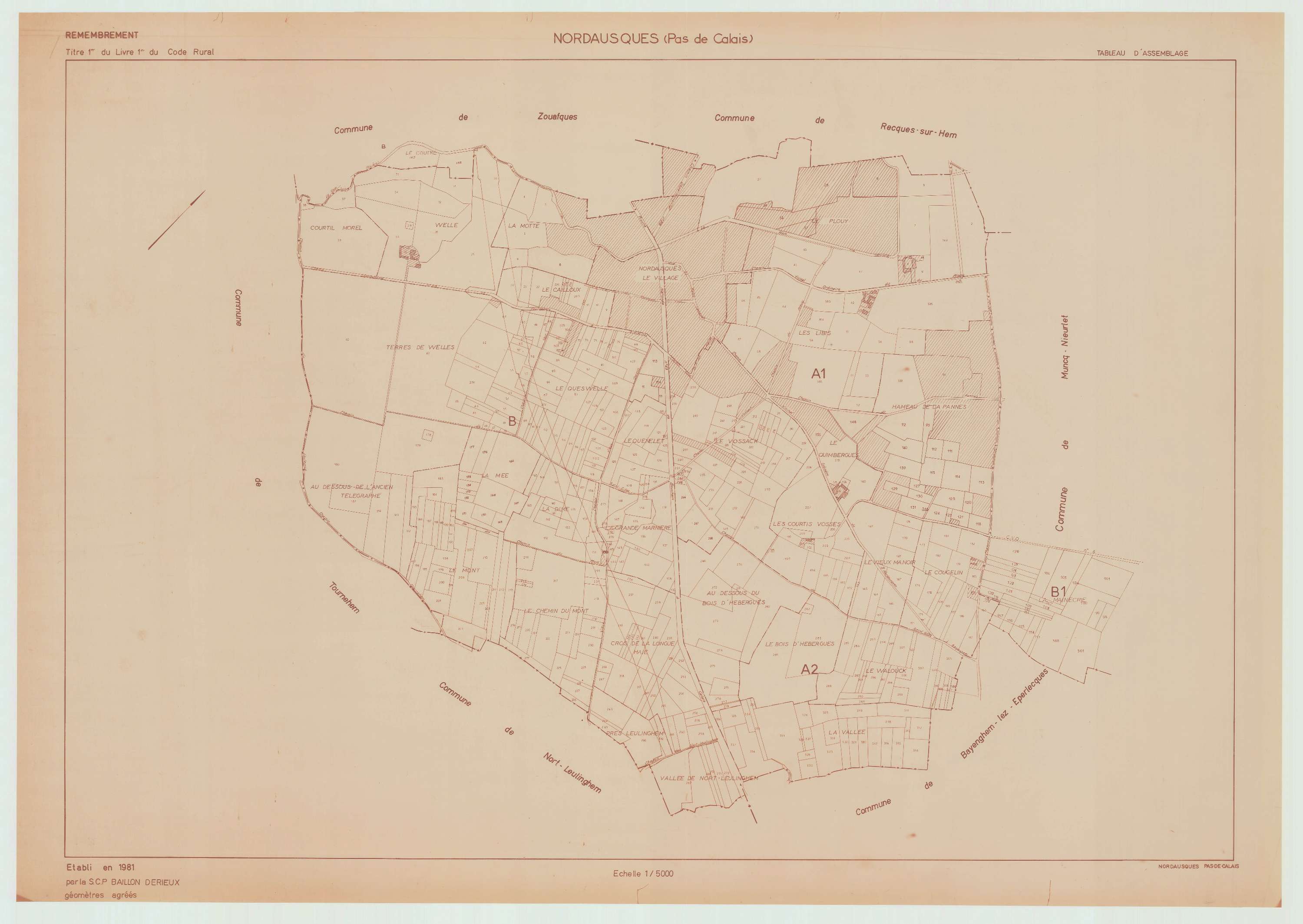 Nordausques - Plan cadastral : tableau d'assemblage antérieur au remembrement.
