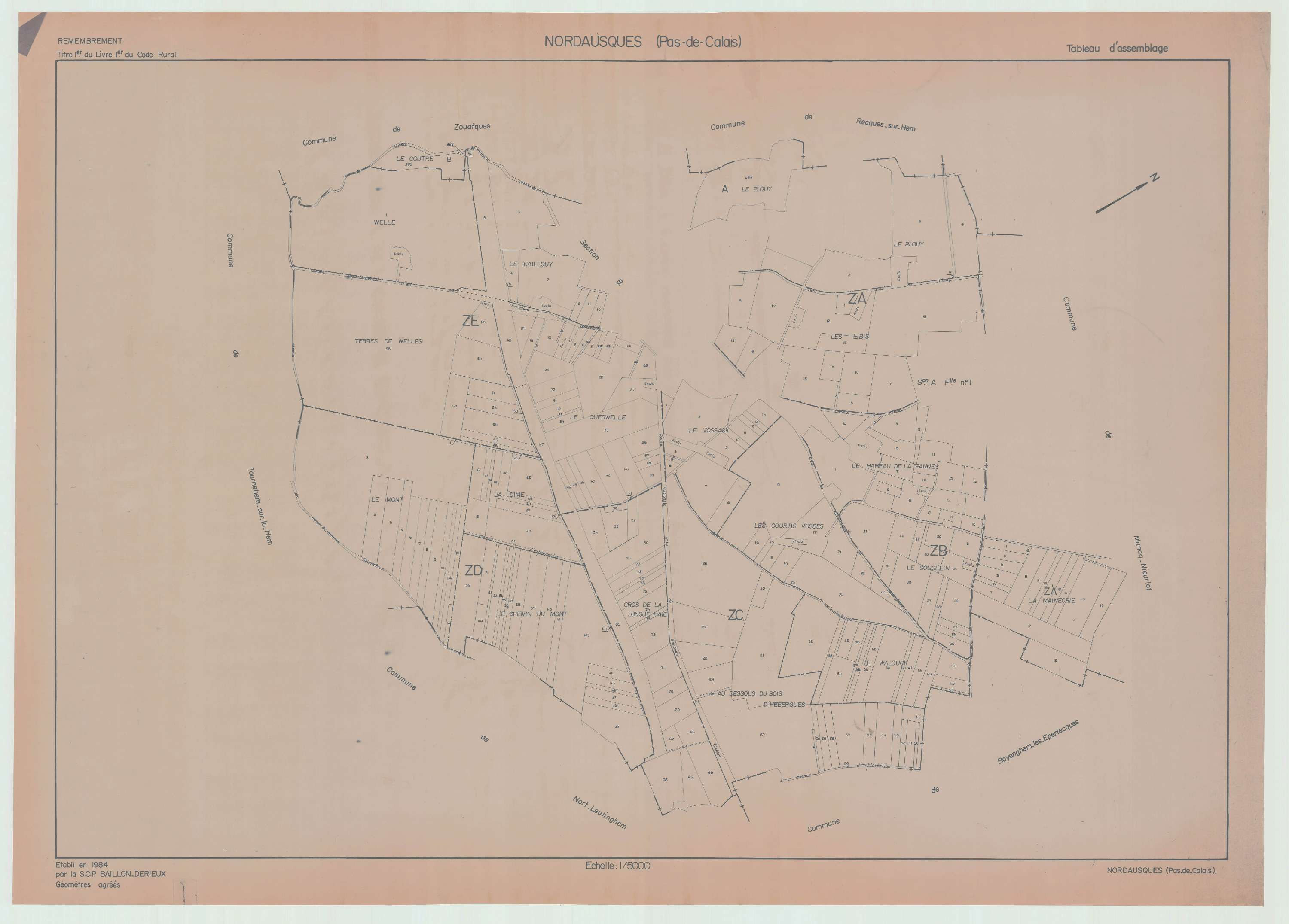 Nordausques - Plan cadastral : tableau d'assemblage postérieur au remembrement.