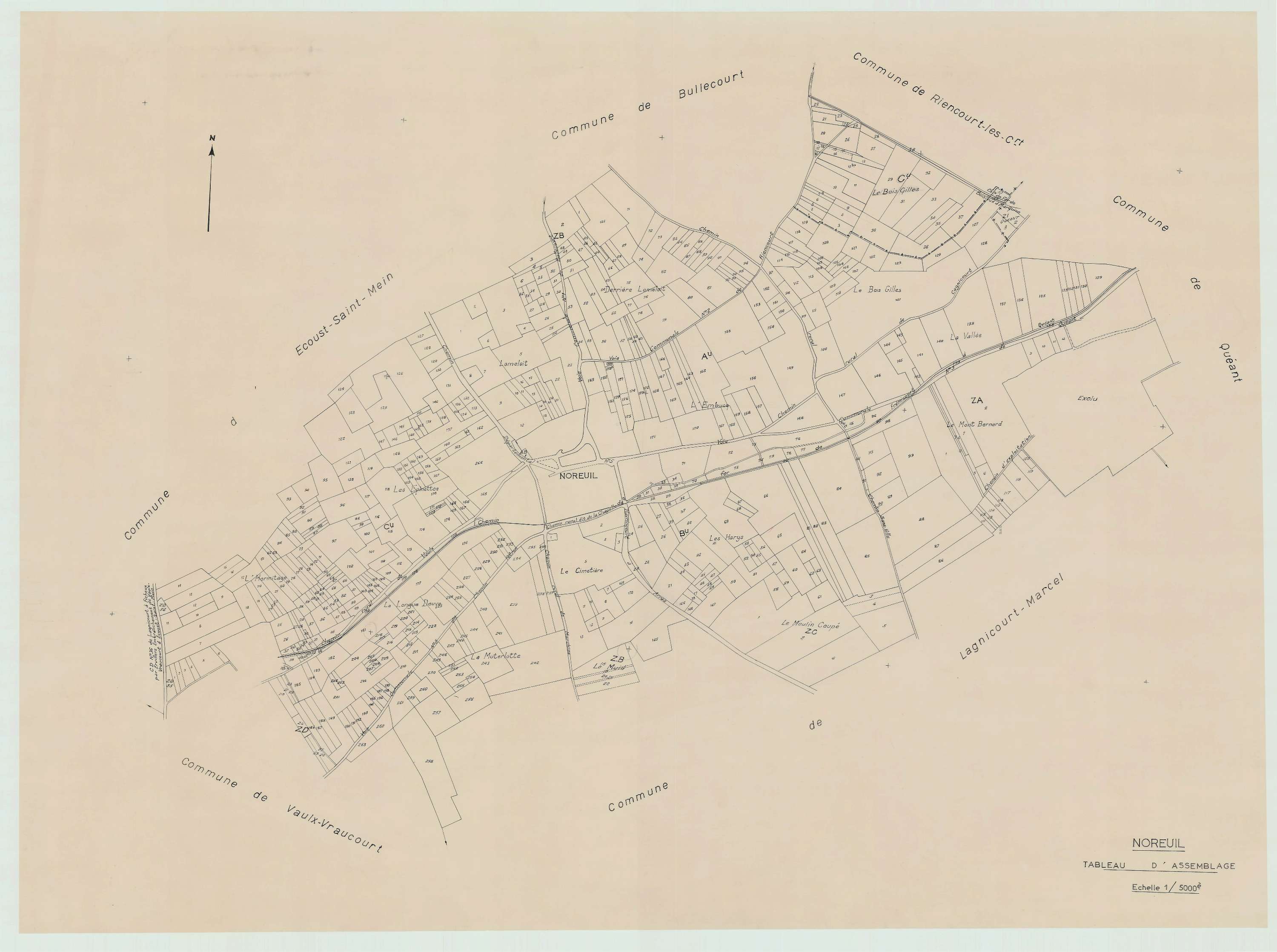 Noreuil - Plan cadastral : tableau d'assemblage antérieur au remembrement.