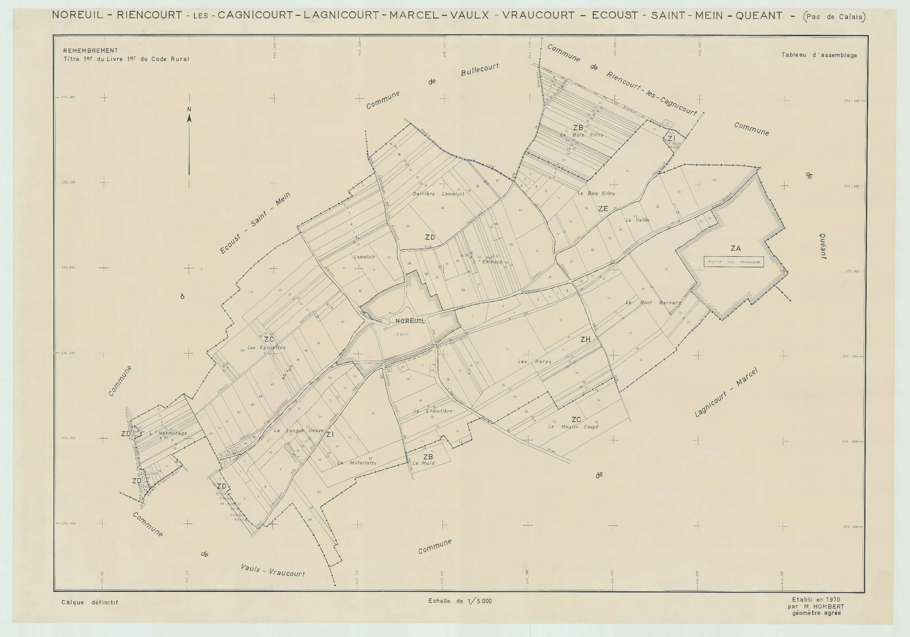 Noreuil - Plan cadastral : tableau d'assemblage postérieur au remembrement.