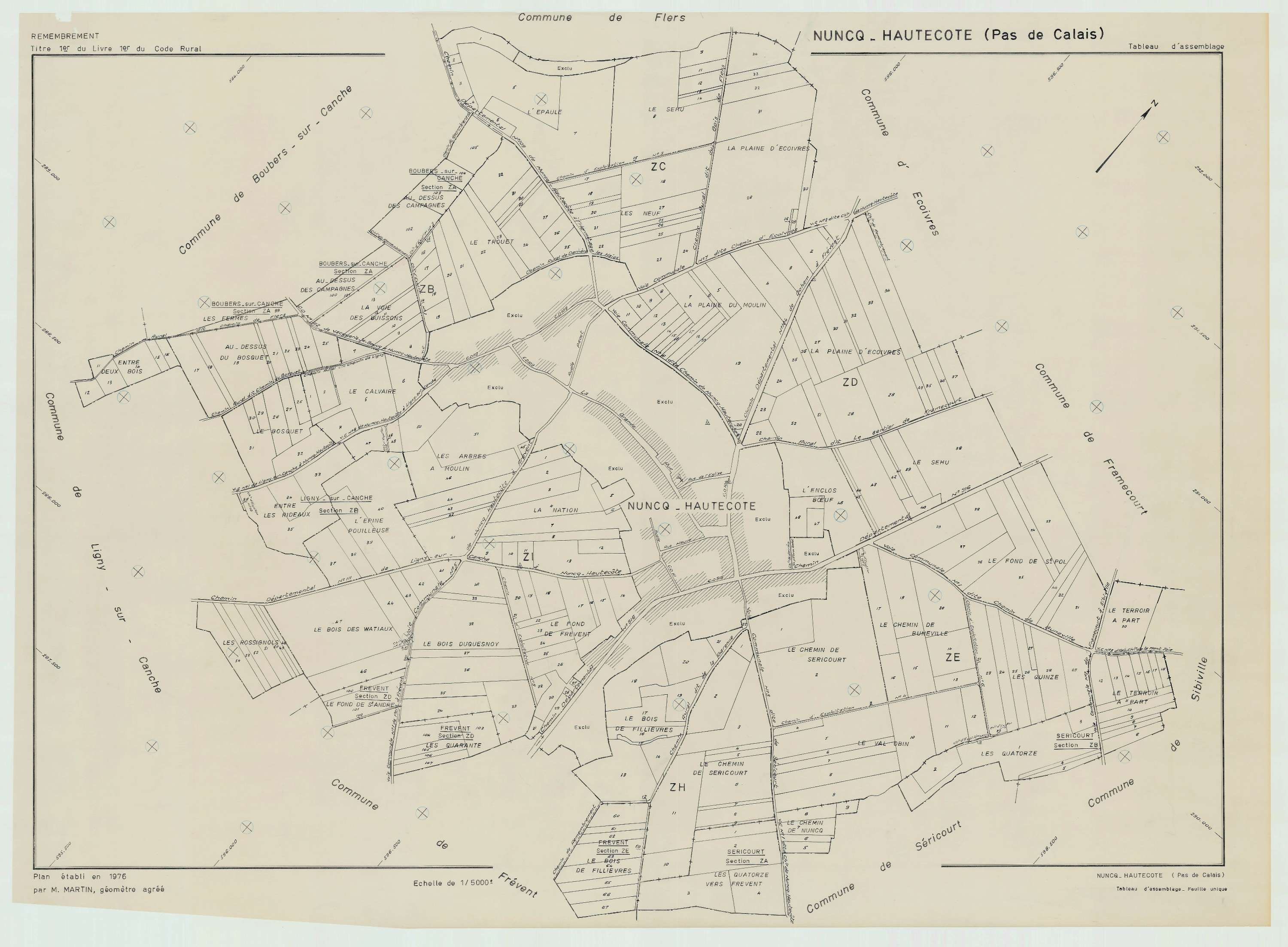 Nuncq-Hautecôte - Plan cadastral : tableau d'assemblage postérieur au remembrement.