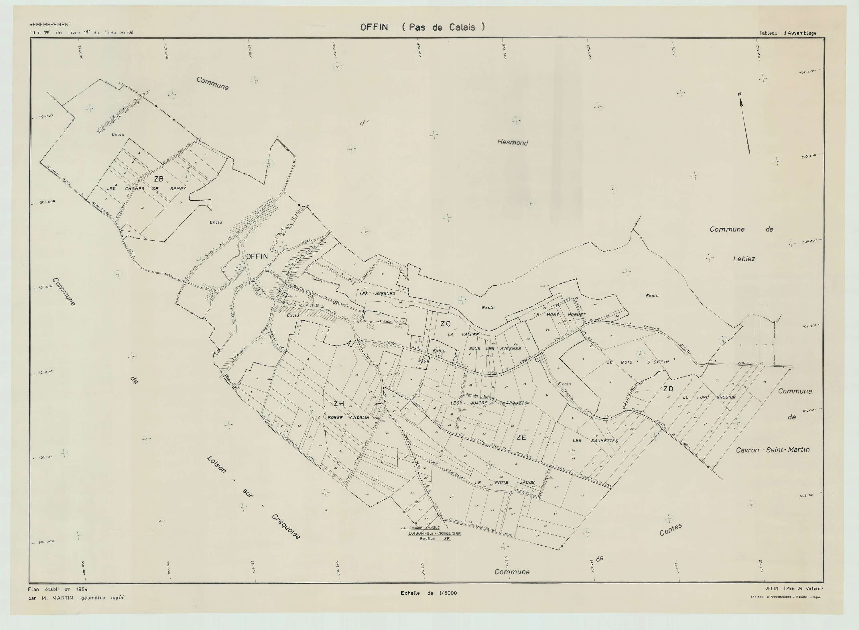 Offin - Plan cadastral : tableau d'assemblage postérieur au remembrement.
