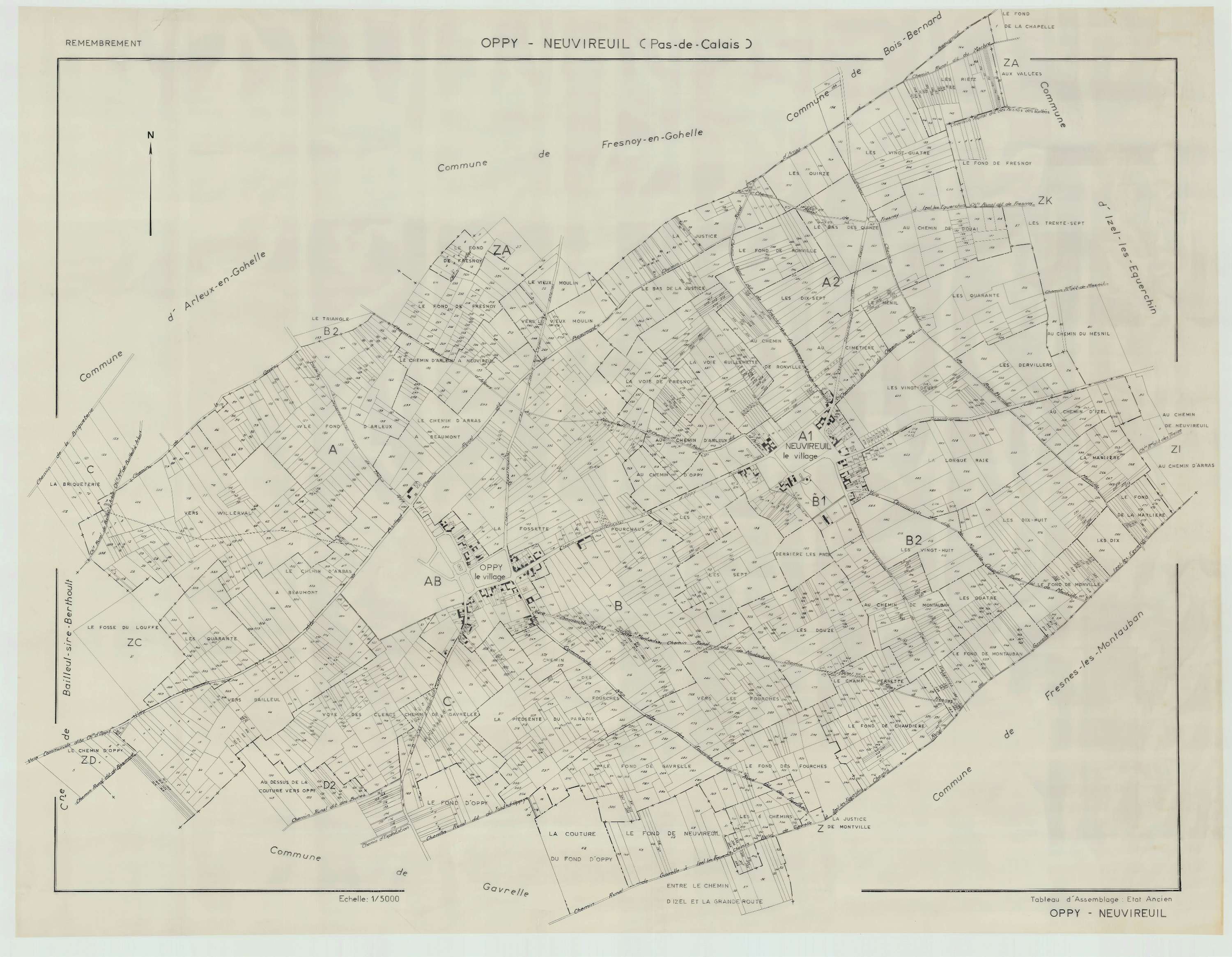 Oppy - Plan cadastral : tableau d'assemblage antérieur au remembrement.