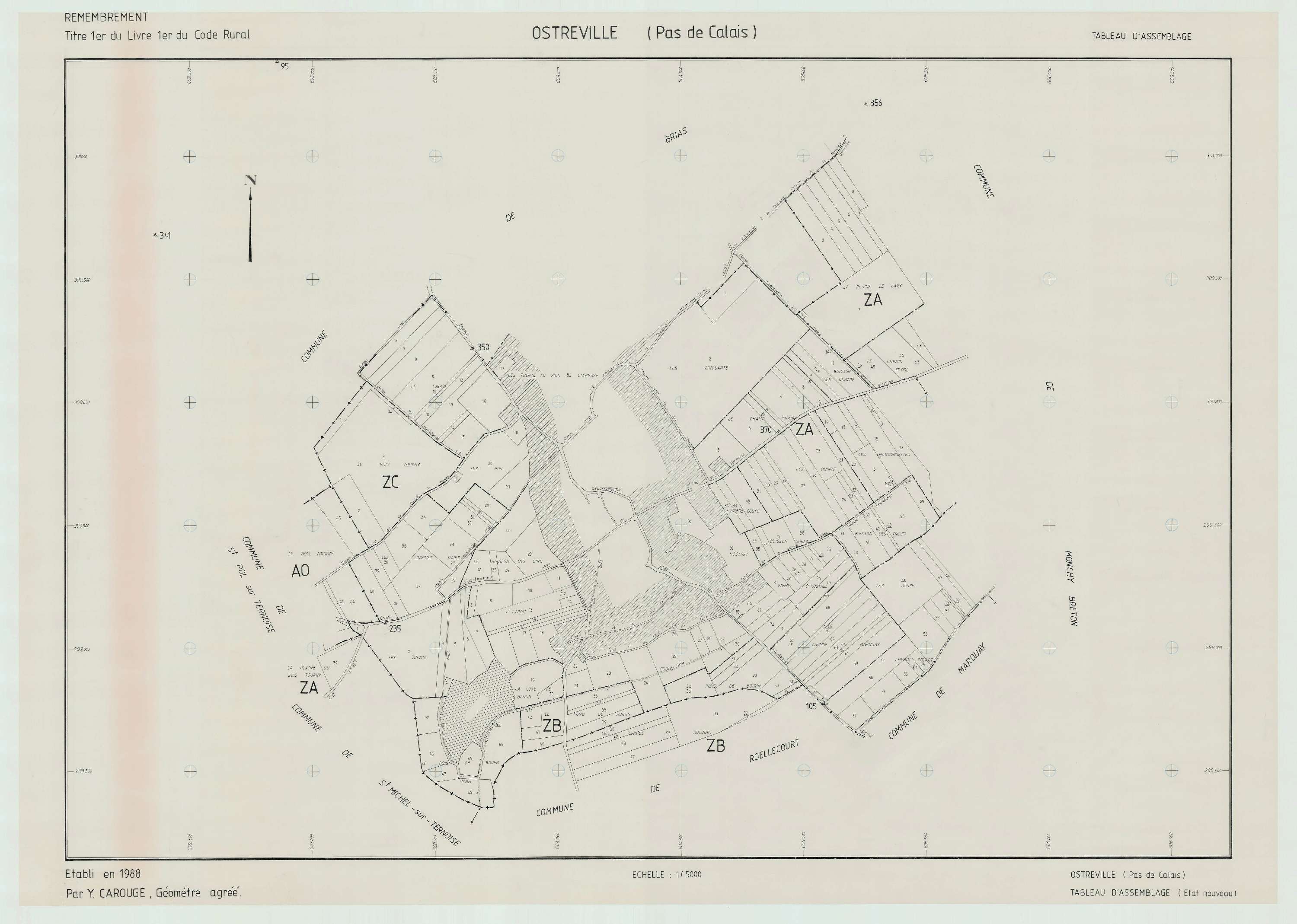 Ostreville - Plan cadastral : tableau d'assemblage postérieur au remembrement.