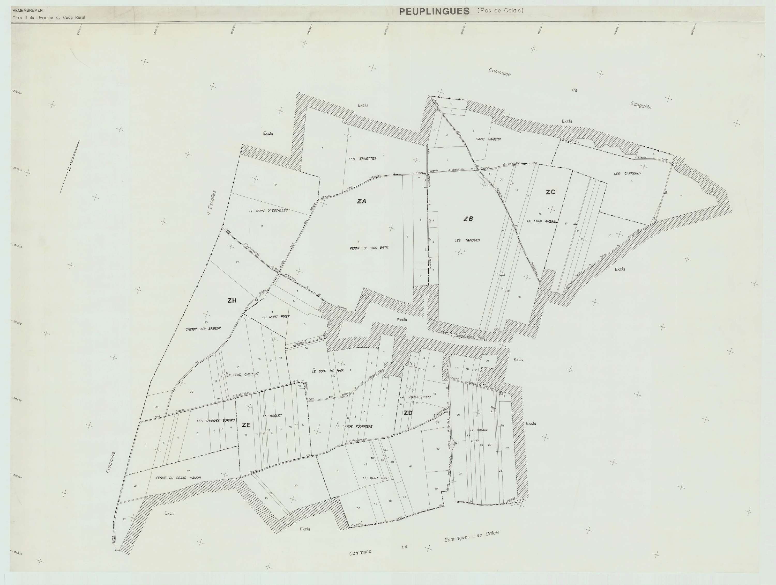 Peuplingues - Plan cadastral : tableau d'assemblage postérieur au remembrement.