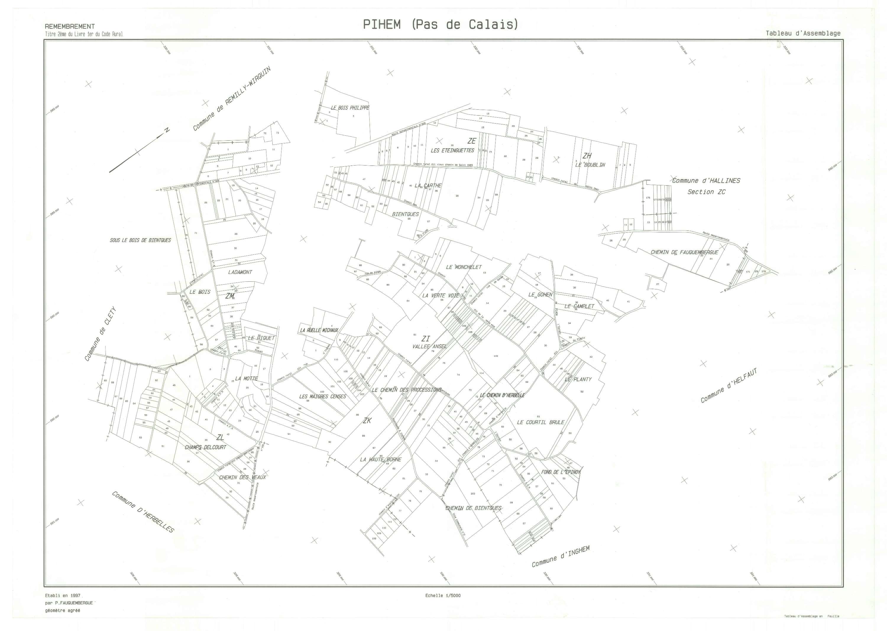 Pihem - Plan cadastral : tableau d'assemblage postérieur au remembrement.