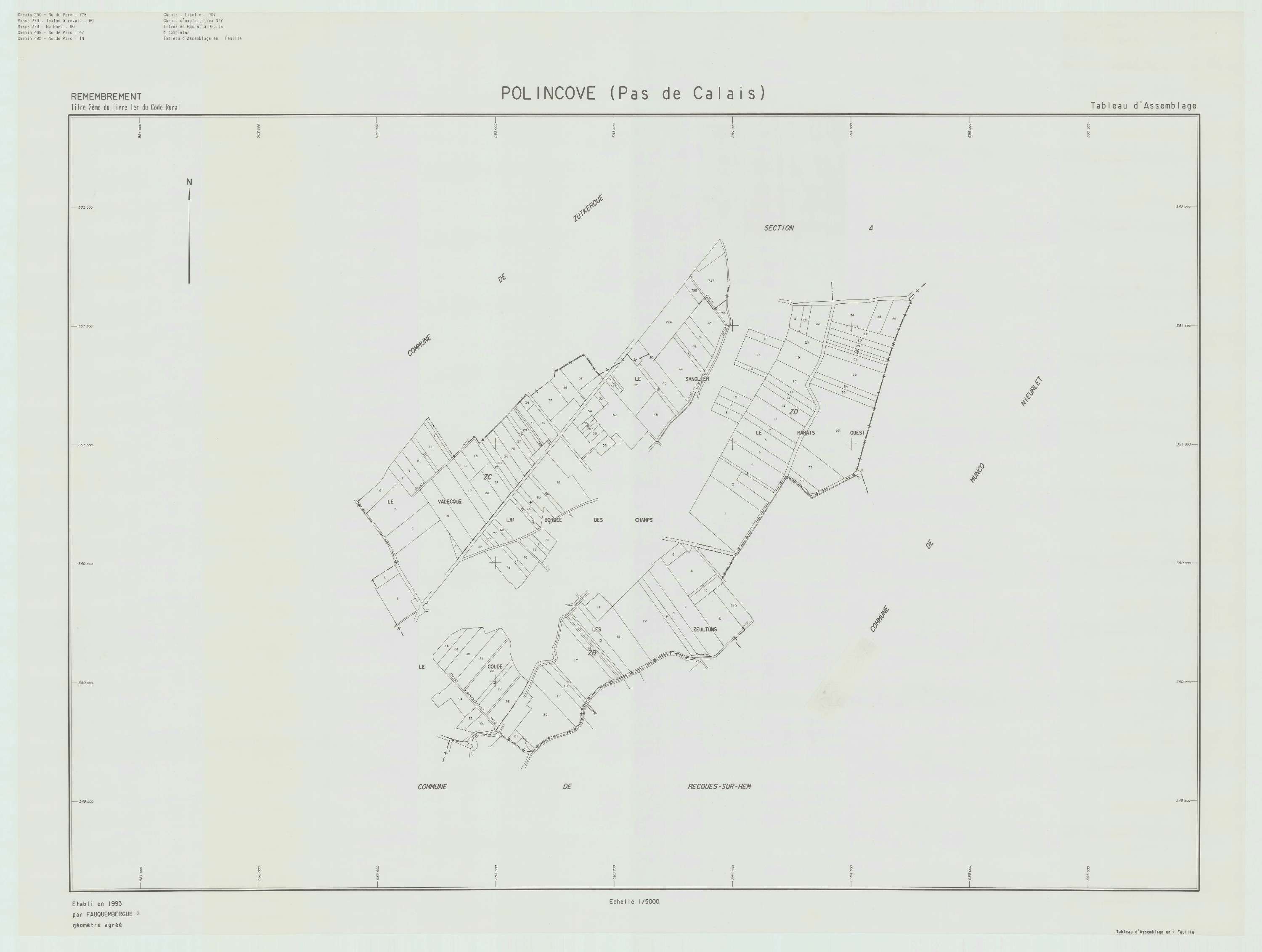 Polincove - Plan cadastral : tableau d'assemblage postérieur au remembrement.