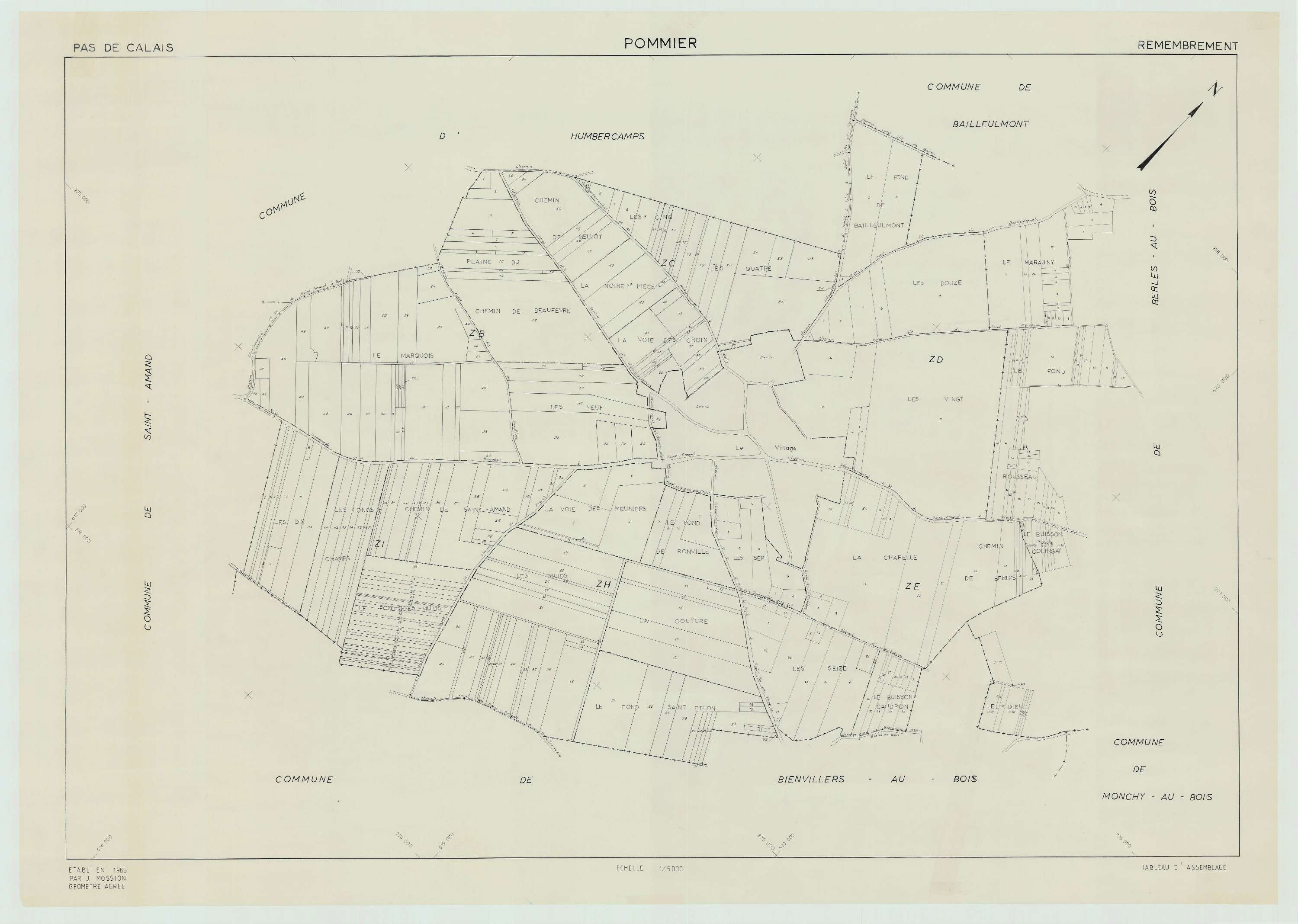 Pommier - Plan cadastral : tableau d'assemblage postérieur au remembrement.