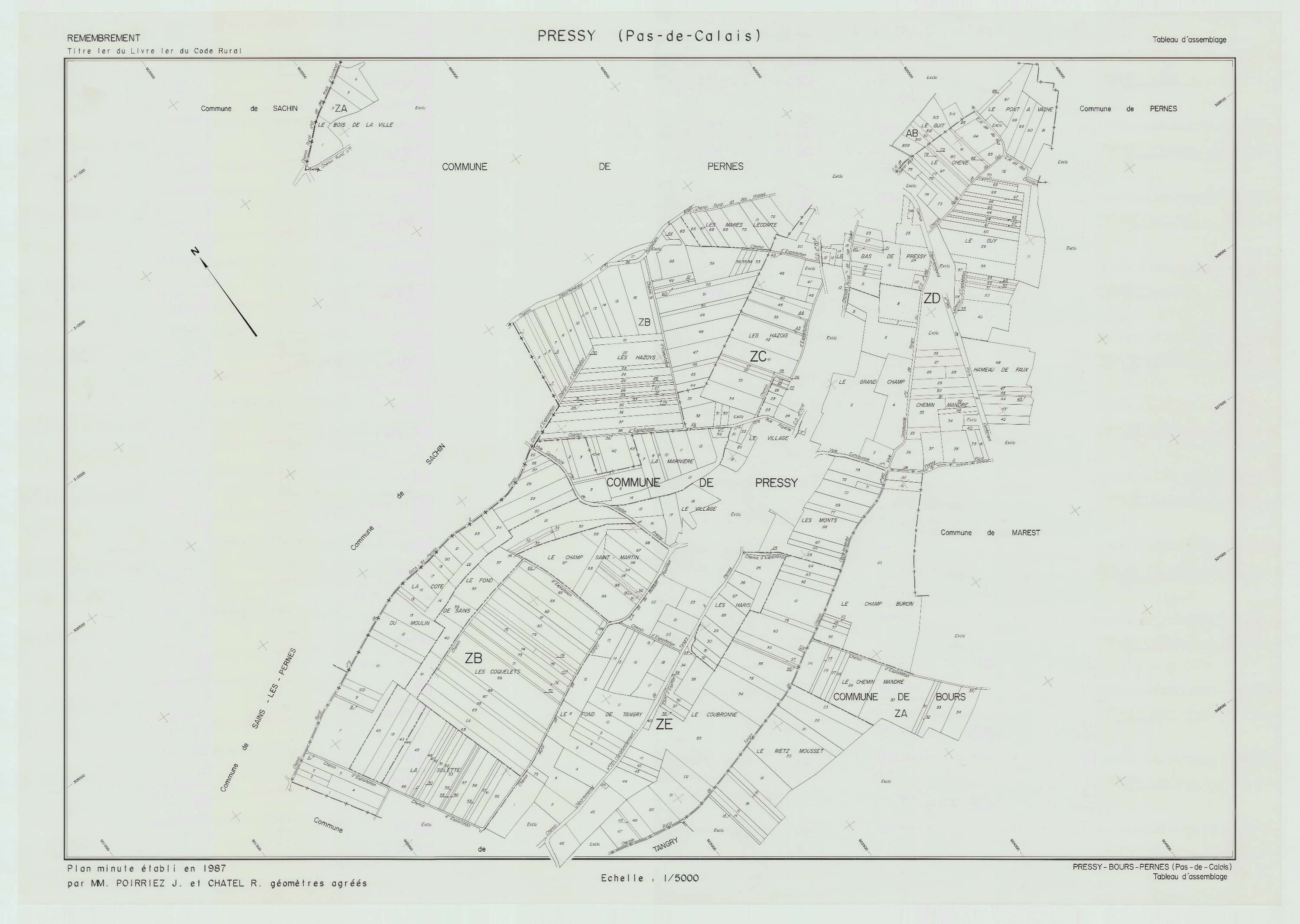 Pressy - Plan cadastral : tableau d'assemblage postérieur au remembrement.