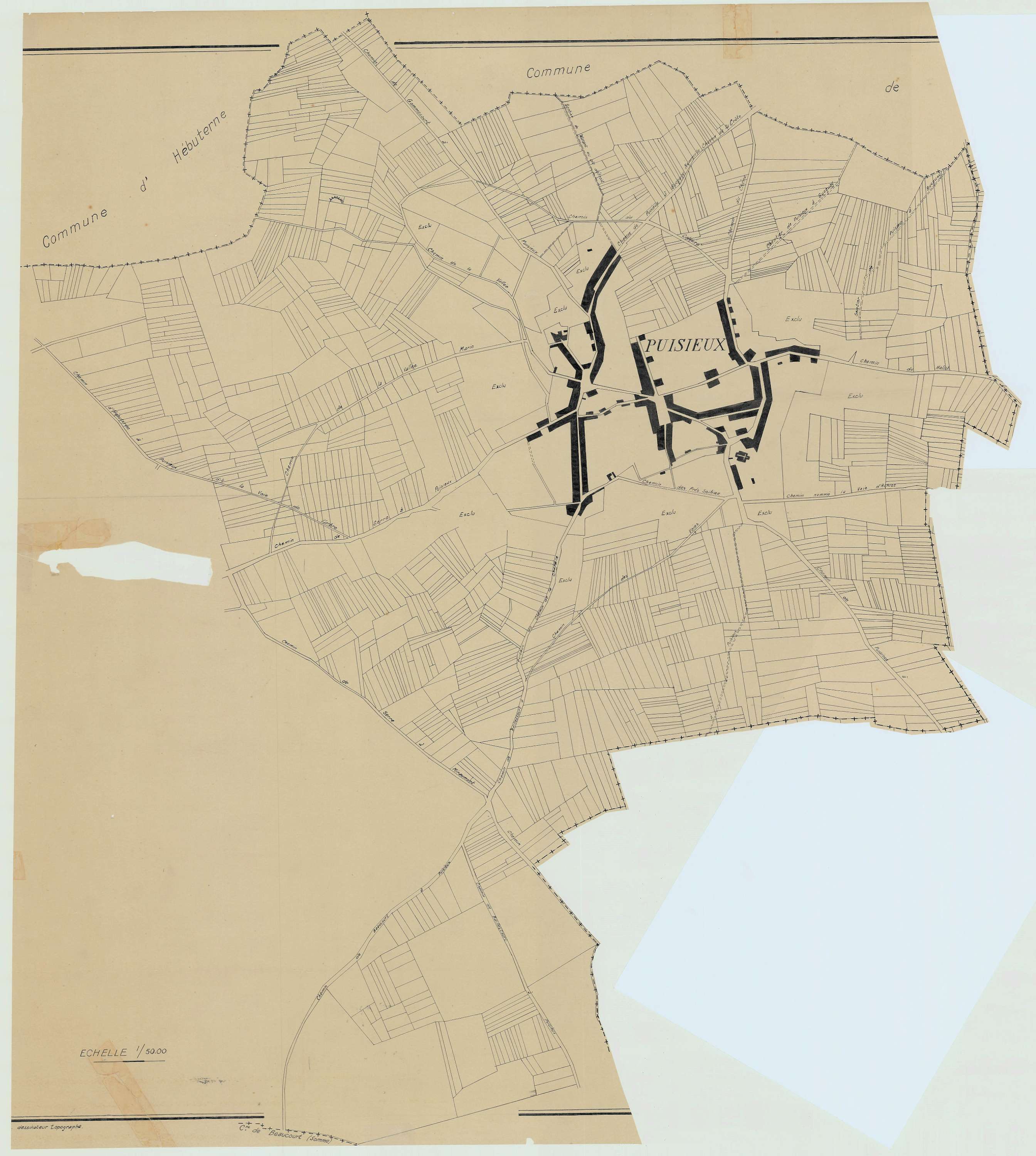 Puisieux - Plan cadastral : tableau d'assemblage antérieur au remembrement.