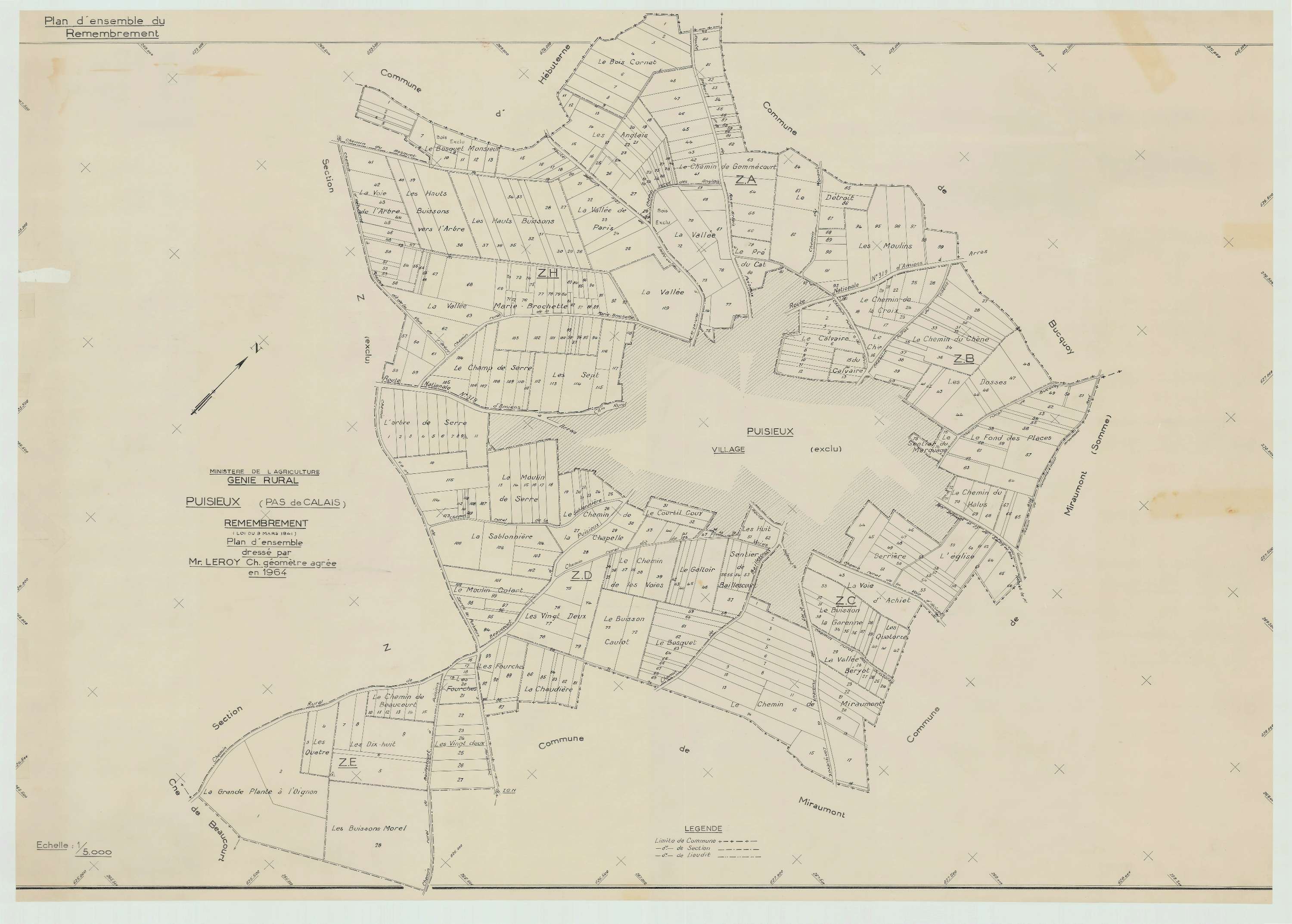 Puisieux - Plan cadastral : tableau d'assemblage postérieur au remembrement.