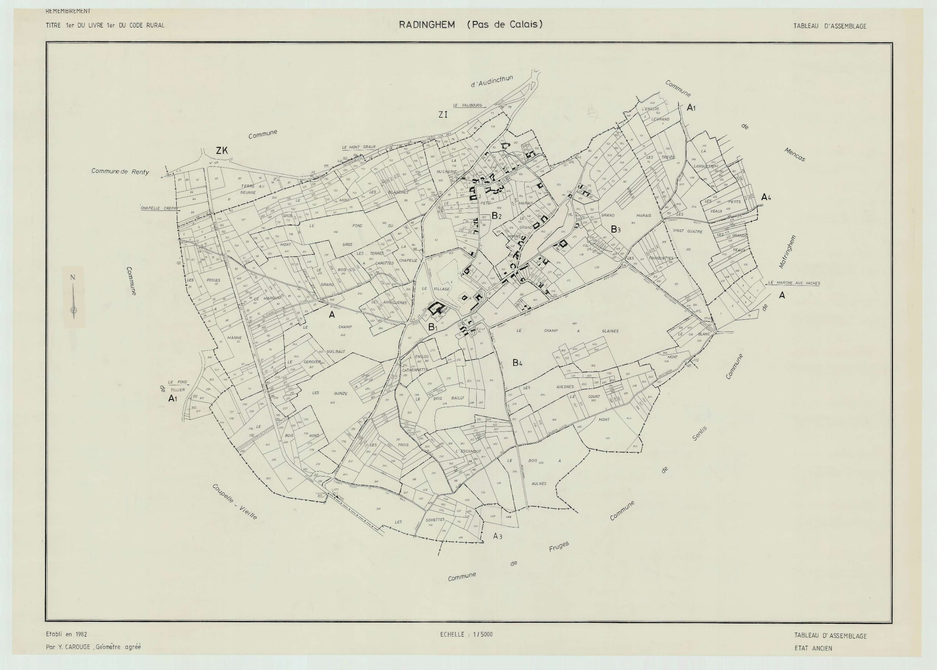 Radinghem - Plan cadastral : tableau d'assemblage antérieur au remembrement.