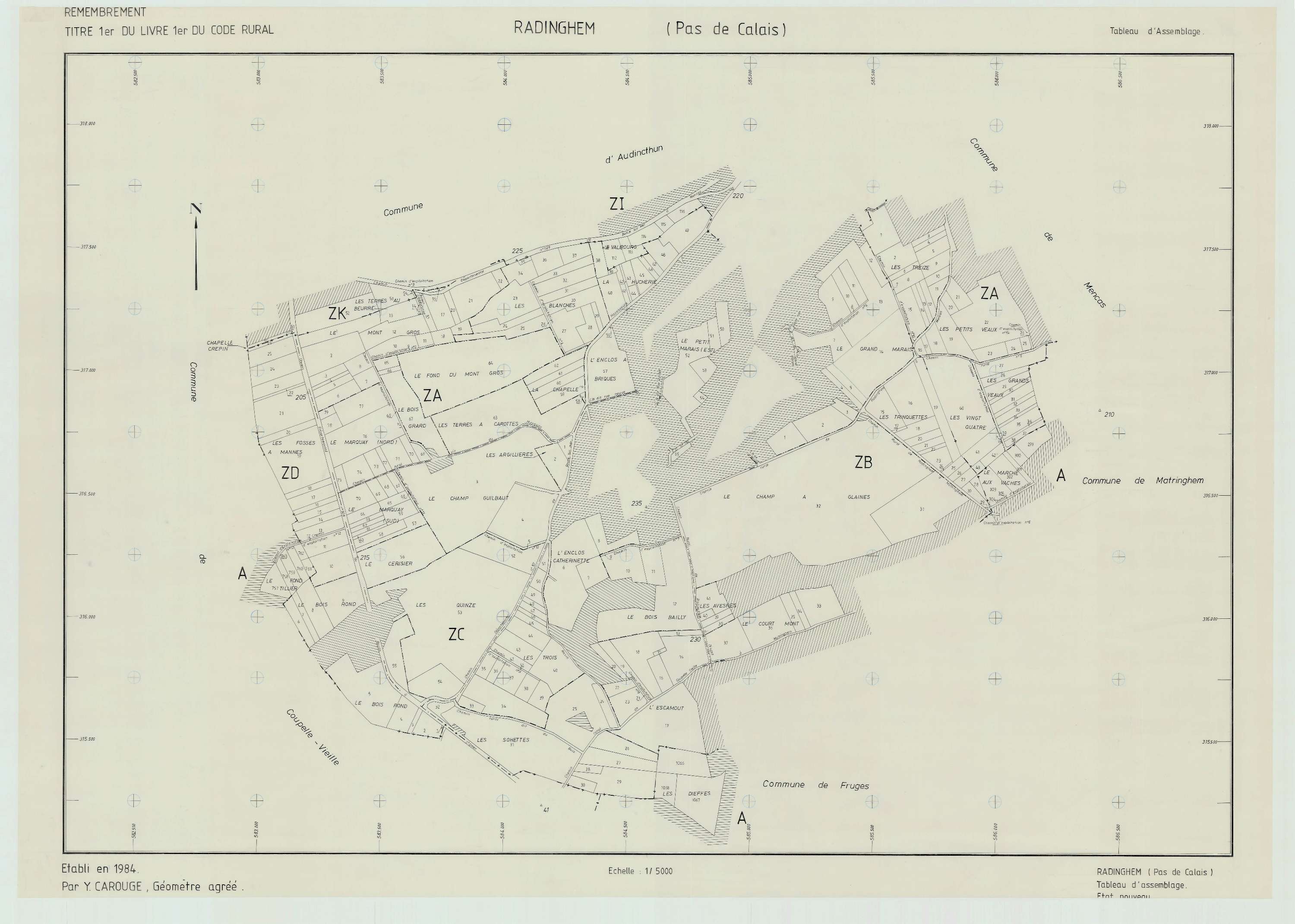 Radinghem - Plan cadastral : tableau d'assemblage postérieur au remembrement.