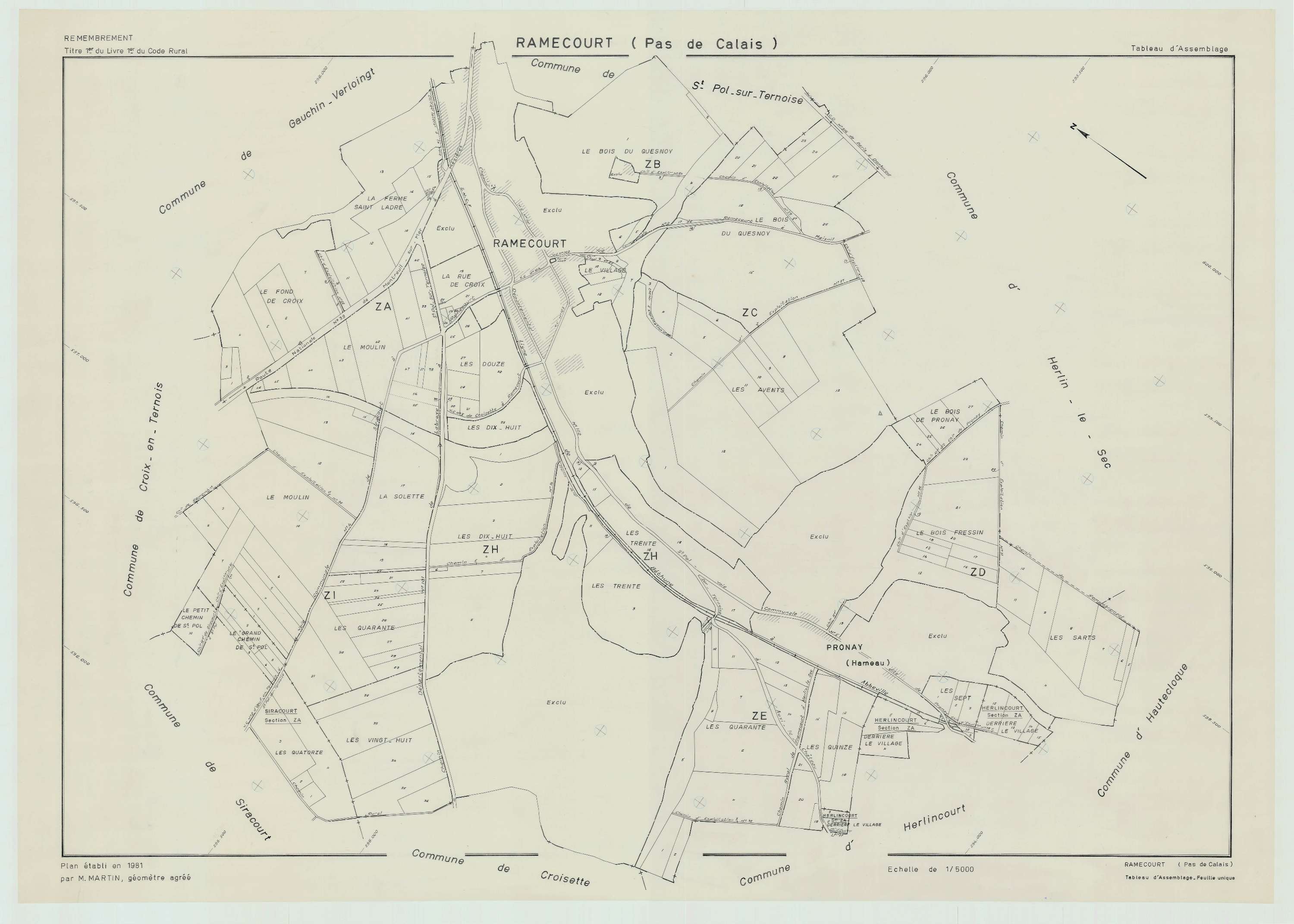 Ramecourt - Plan cadastral : tableau d'assemblage postérieur au remembrement.