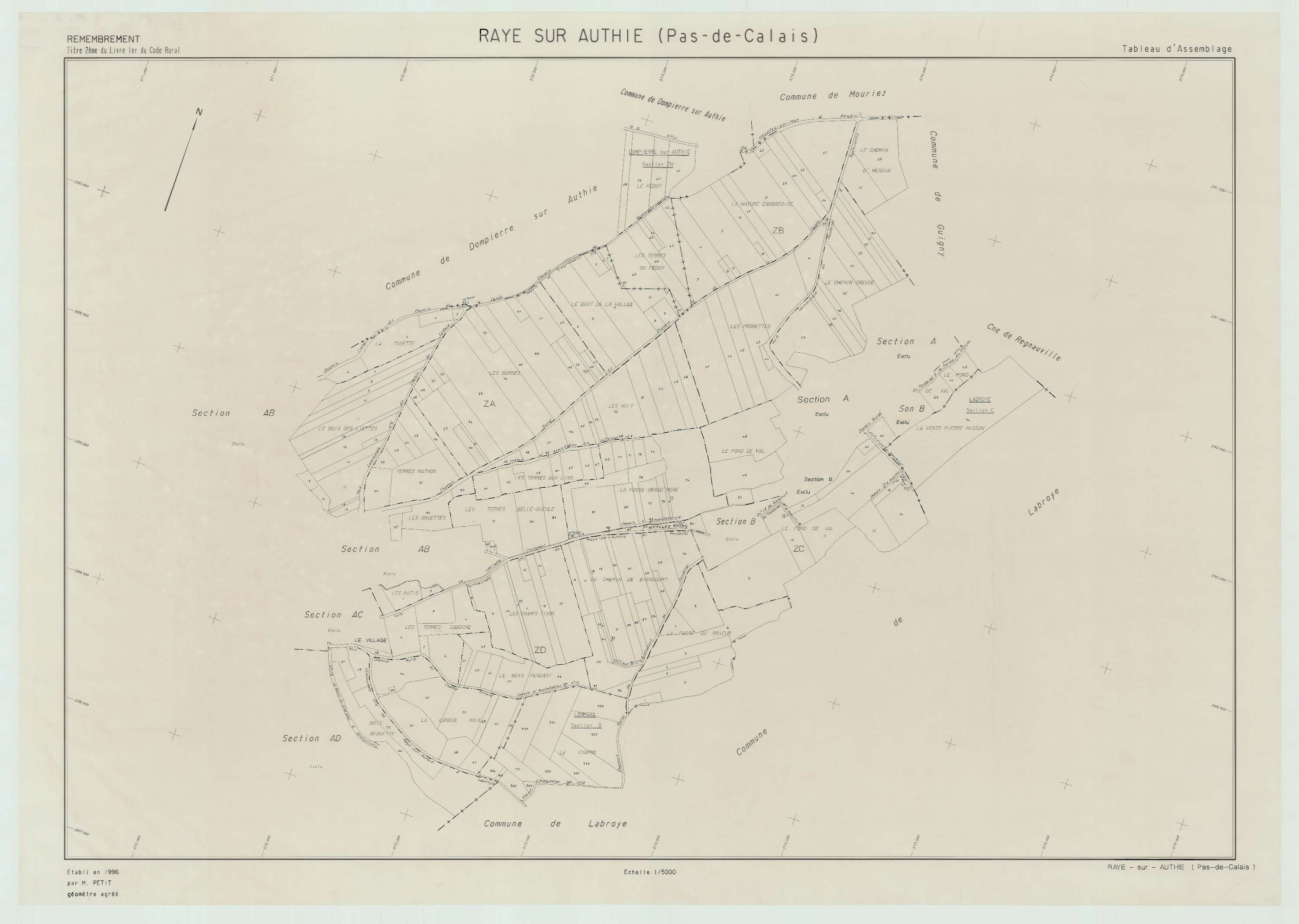 Raye-sur-Authie - Plan cadastral : tableau d'assemblage postérieur au remembrement.