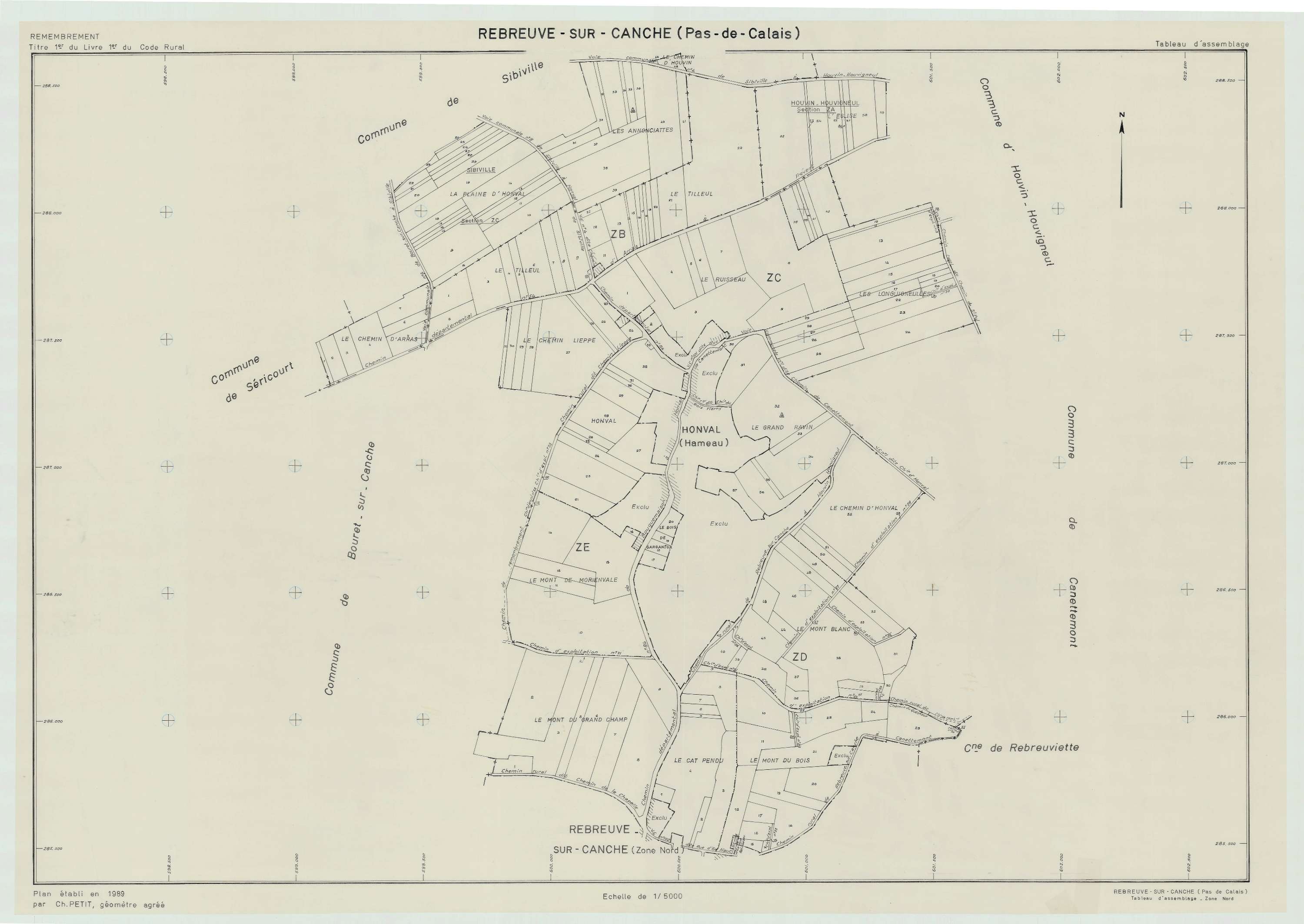 Rebreuve-sur-Canche - Plan cadastral : tableau d'assemblage postérieur au remembrement.