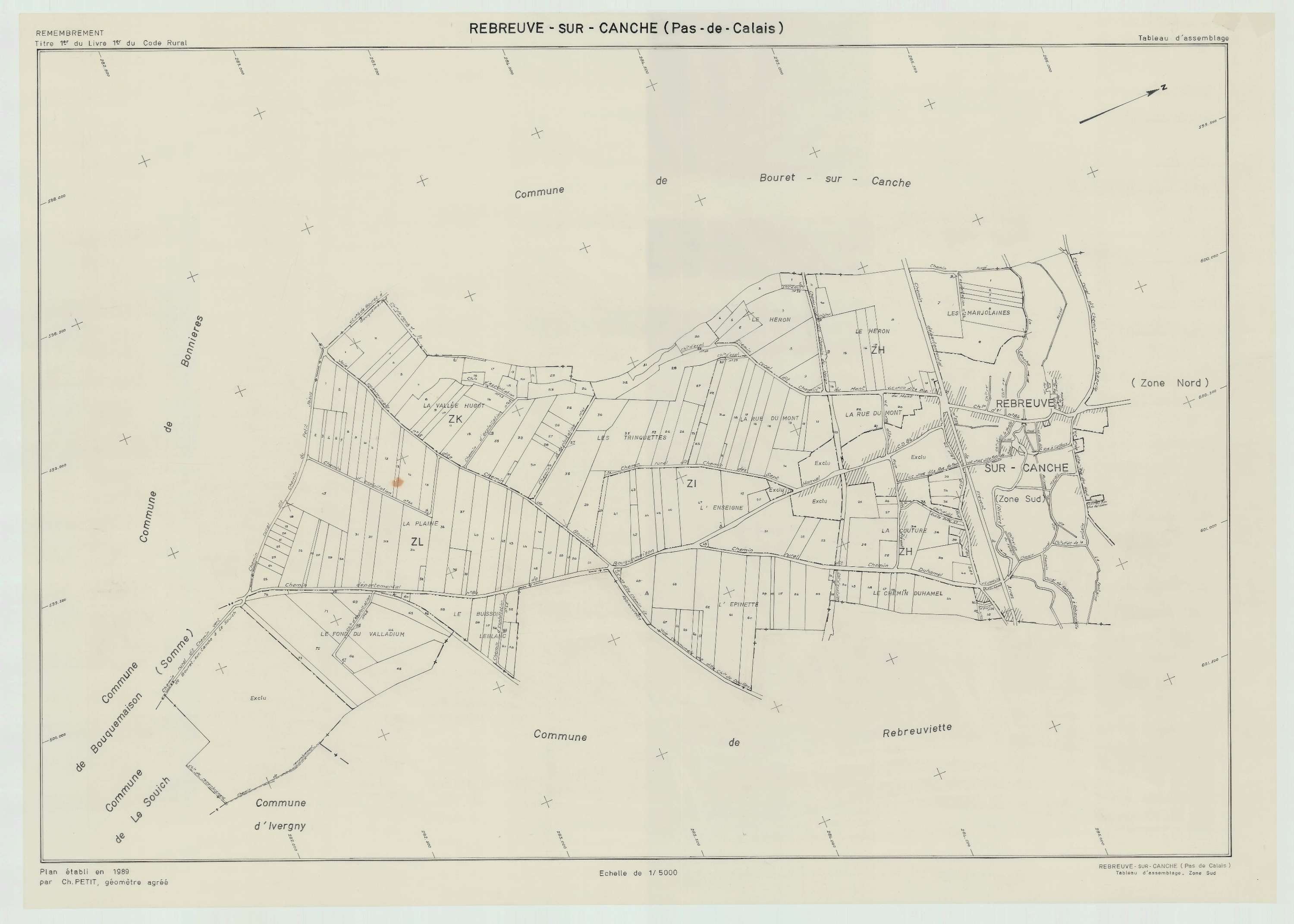 Rebreuve-sur-Canche - Plan cadastral : tableau d'assemblage postérieur au remembrement.