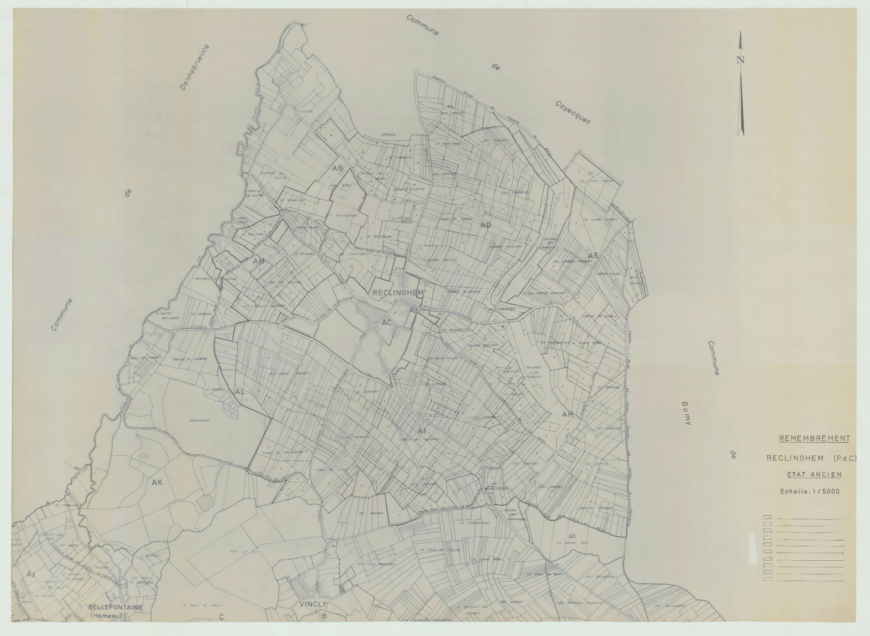 Reclinghem - Plan cadastral : tableau d'assemblage antérieur au remembrement.