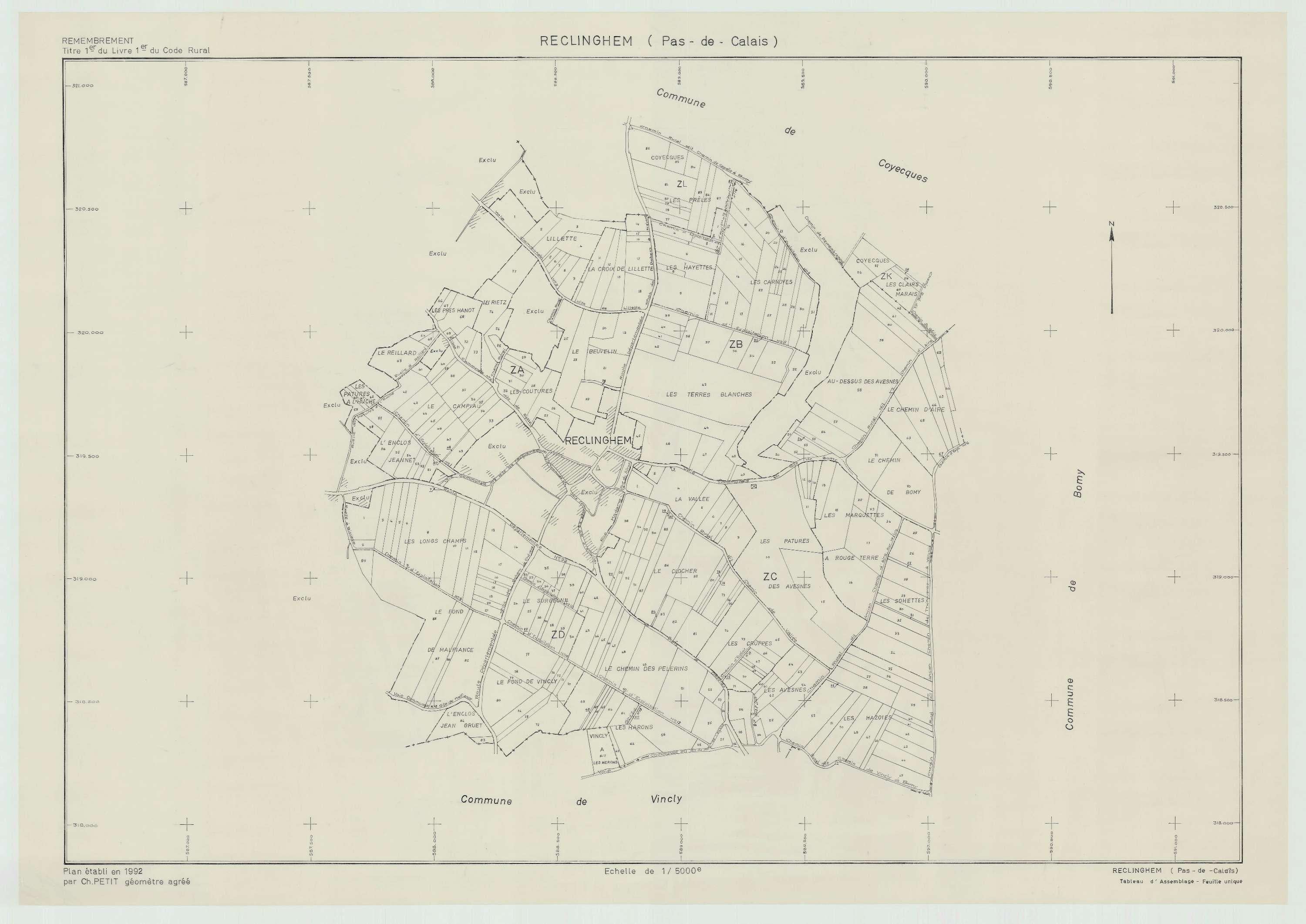 Reclinghem - Plan cadastral : tableau d'assemblage postérieur au remembrement.