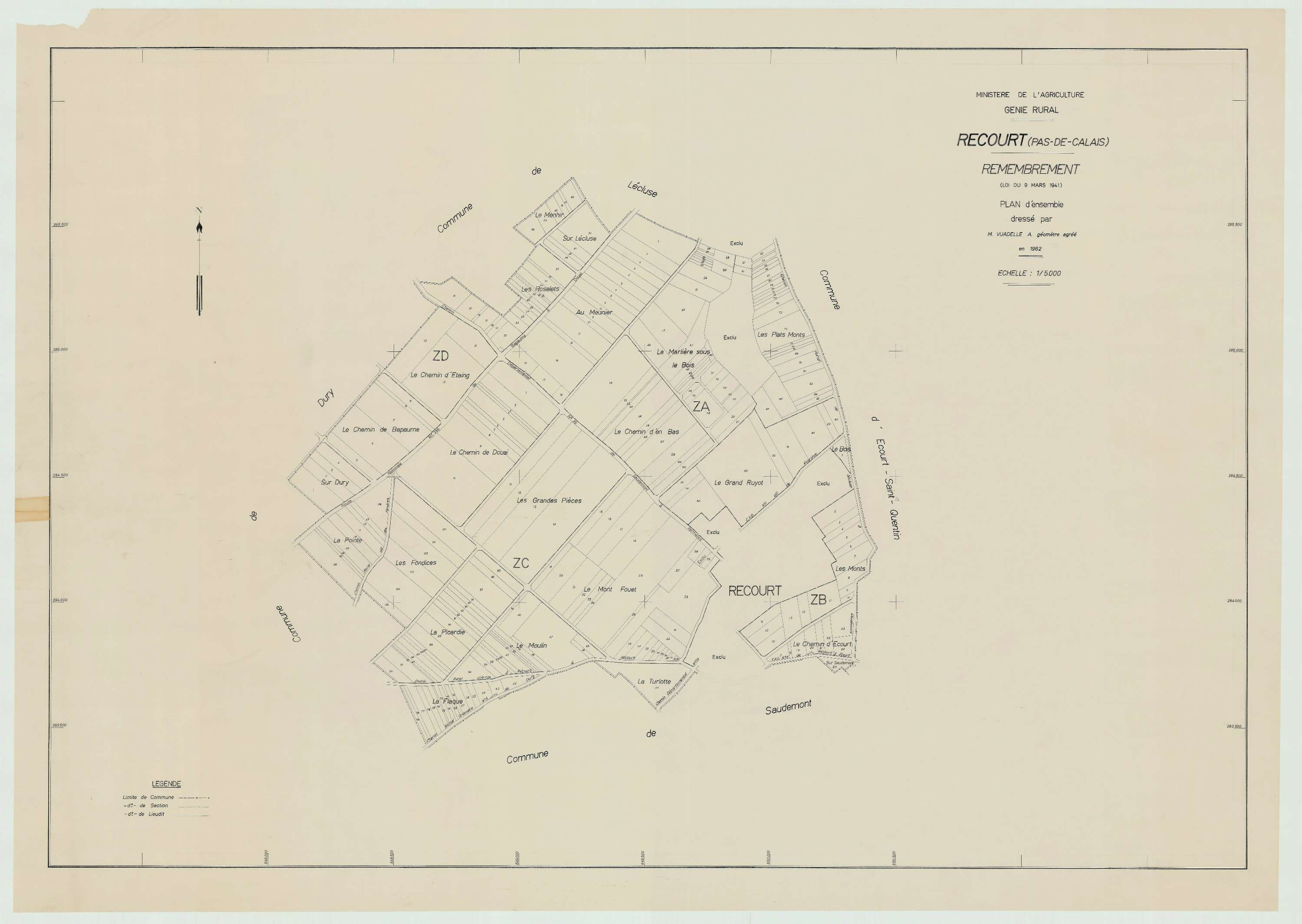 Récourt - Plan cadastral : tableau d'assemblage postérieur au remembrement.