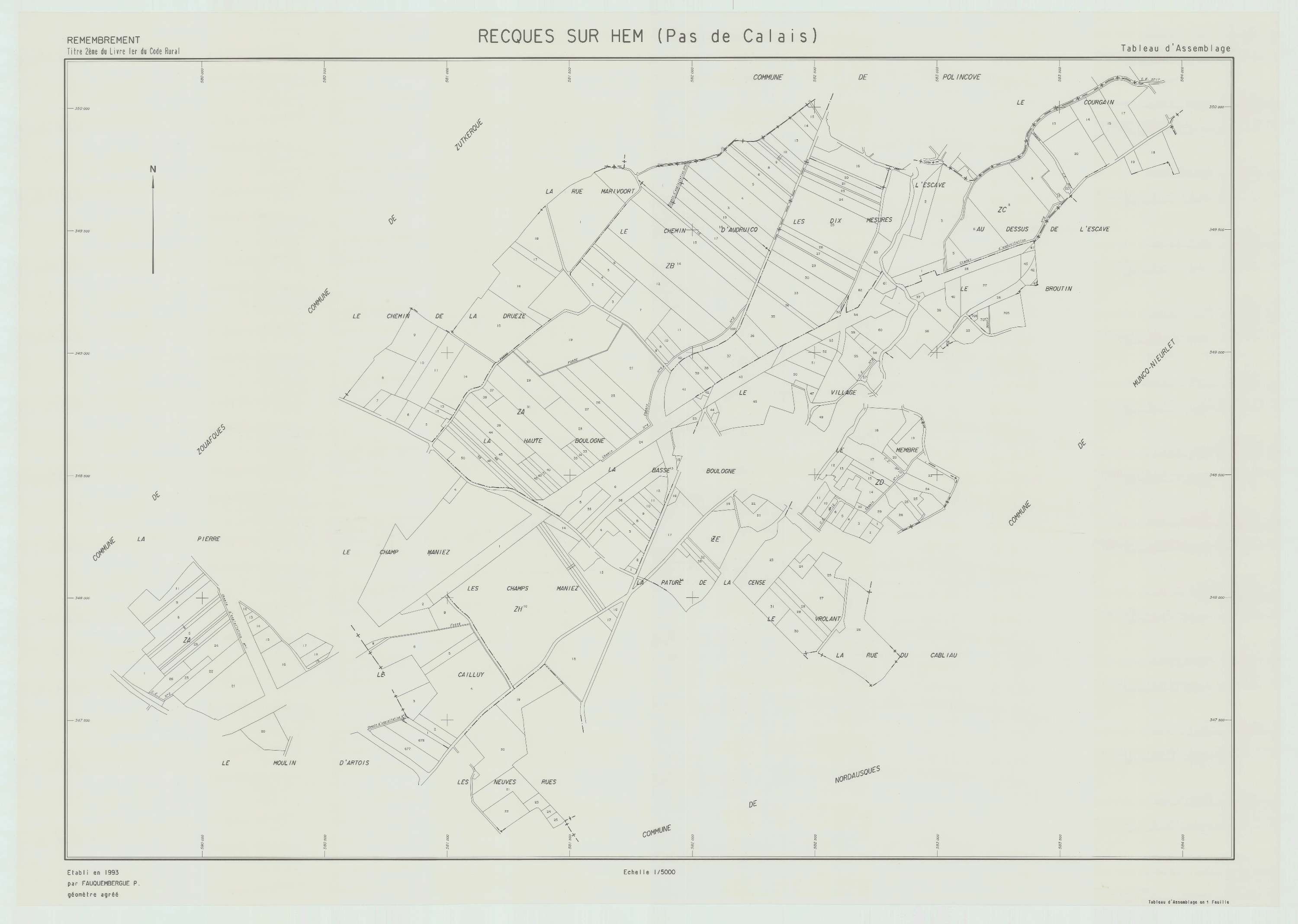 Recques-sur-Hem - Plan cadastral : tableau d'assemblage postérieur au remembrement.