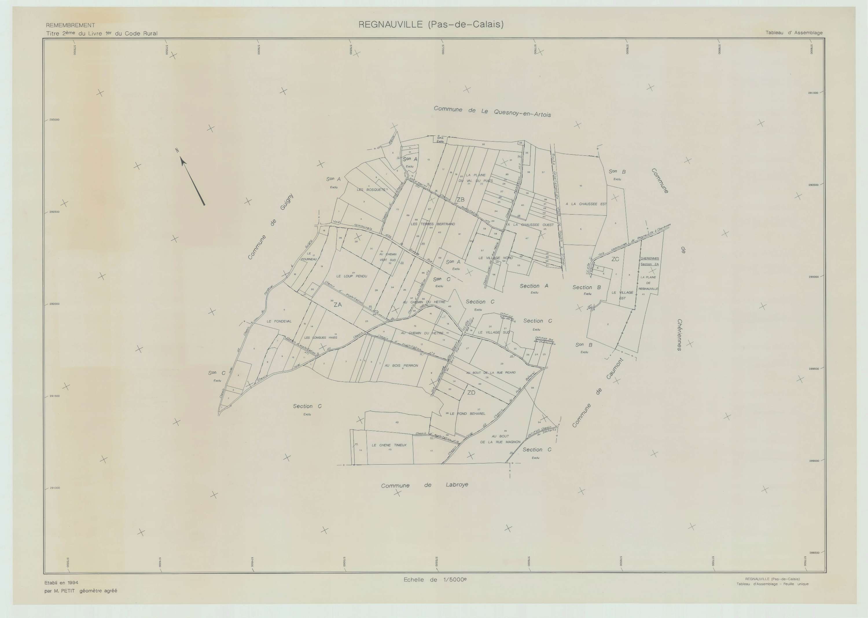 Regnauville - Plan cadastral : tableau d'assemblage postérieur au remembrement.