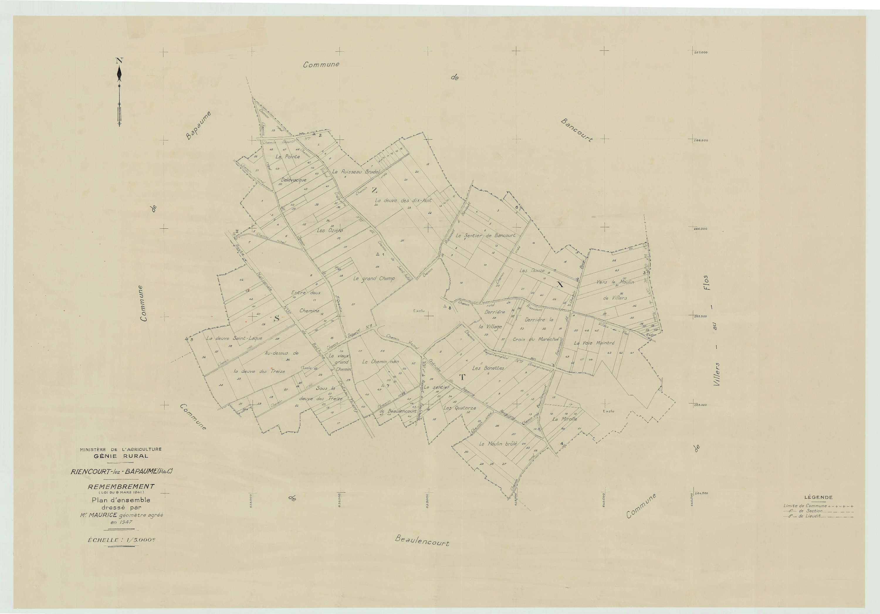Riencourt-lès-Bapaume - Plan cadastral : tableau d'assemblage antérieur au remembrement.