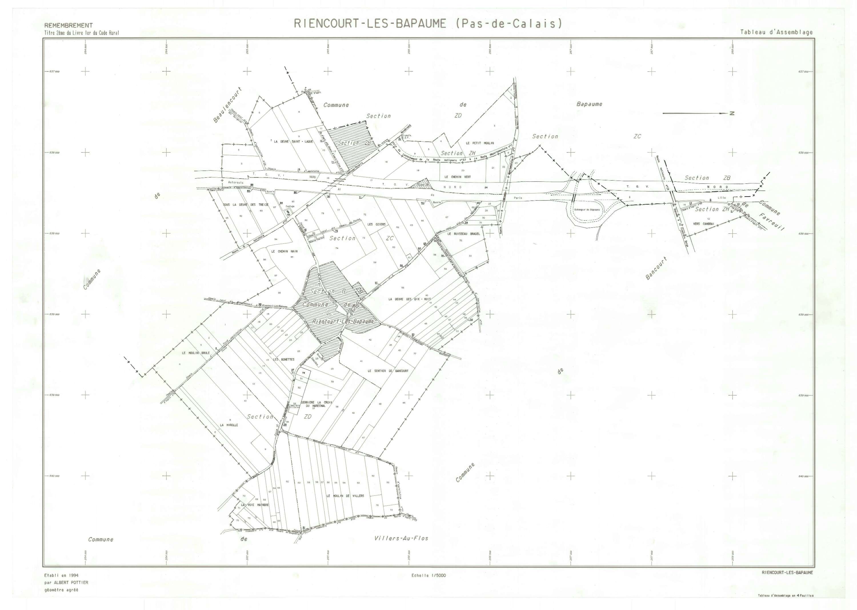 Riencourt-lès-Bapaume - Plan cadastral : tableau d'assemblage postérieur au remembrement.