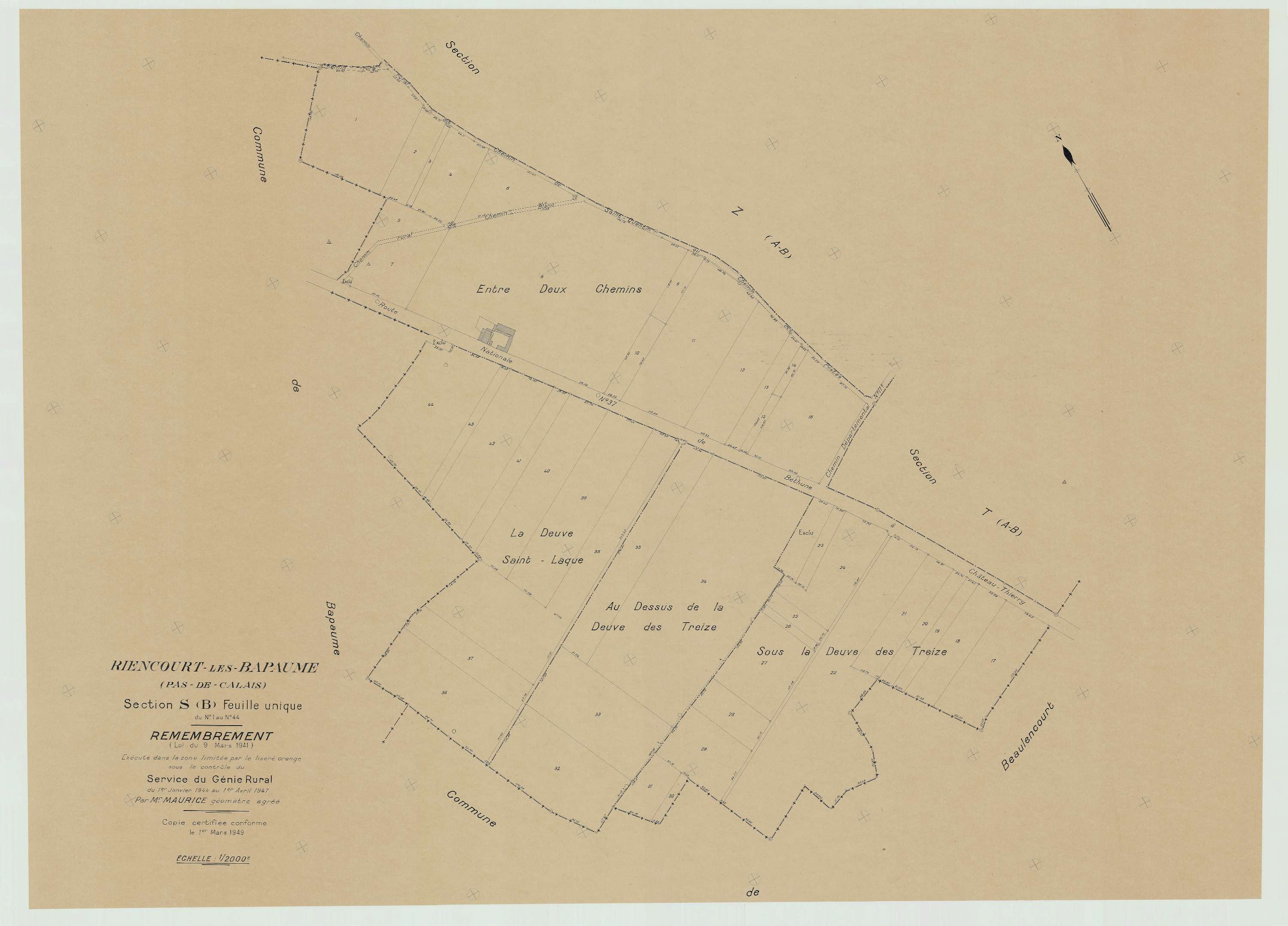 Riencourt-lès-Bapaume - Plan de remembrement : section SB.