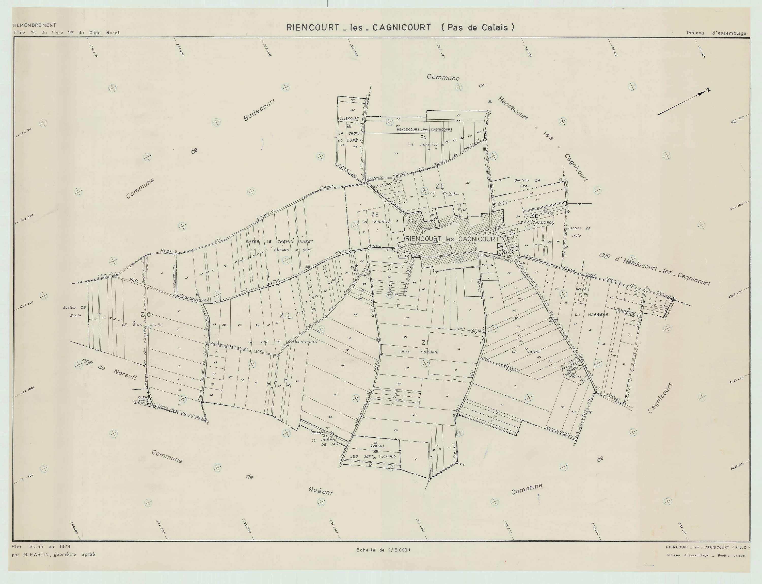 Riencourt-lès-Cagnicourt - Plan cadastral : tableau d'assemblage postérieur au remembrement.