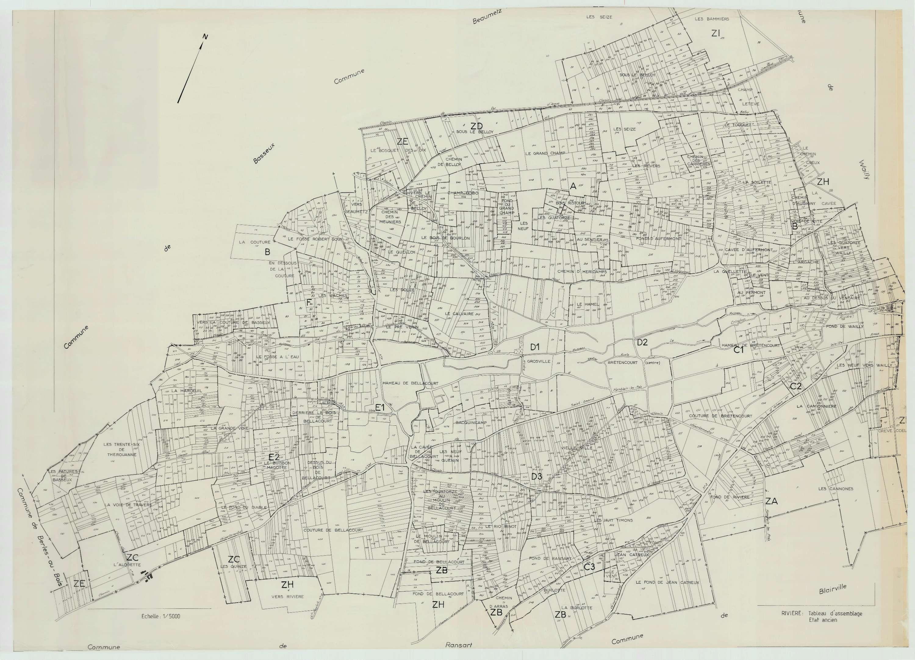 Rivière - Plan cadastral : tableau d'assemblage antérieur au remembrement.