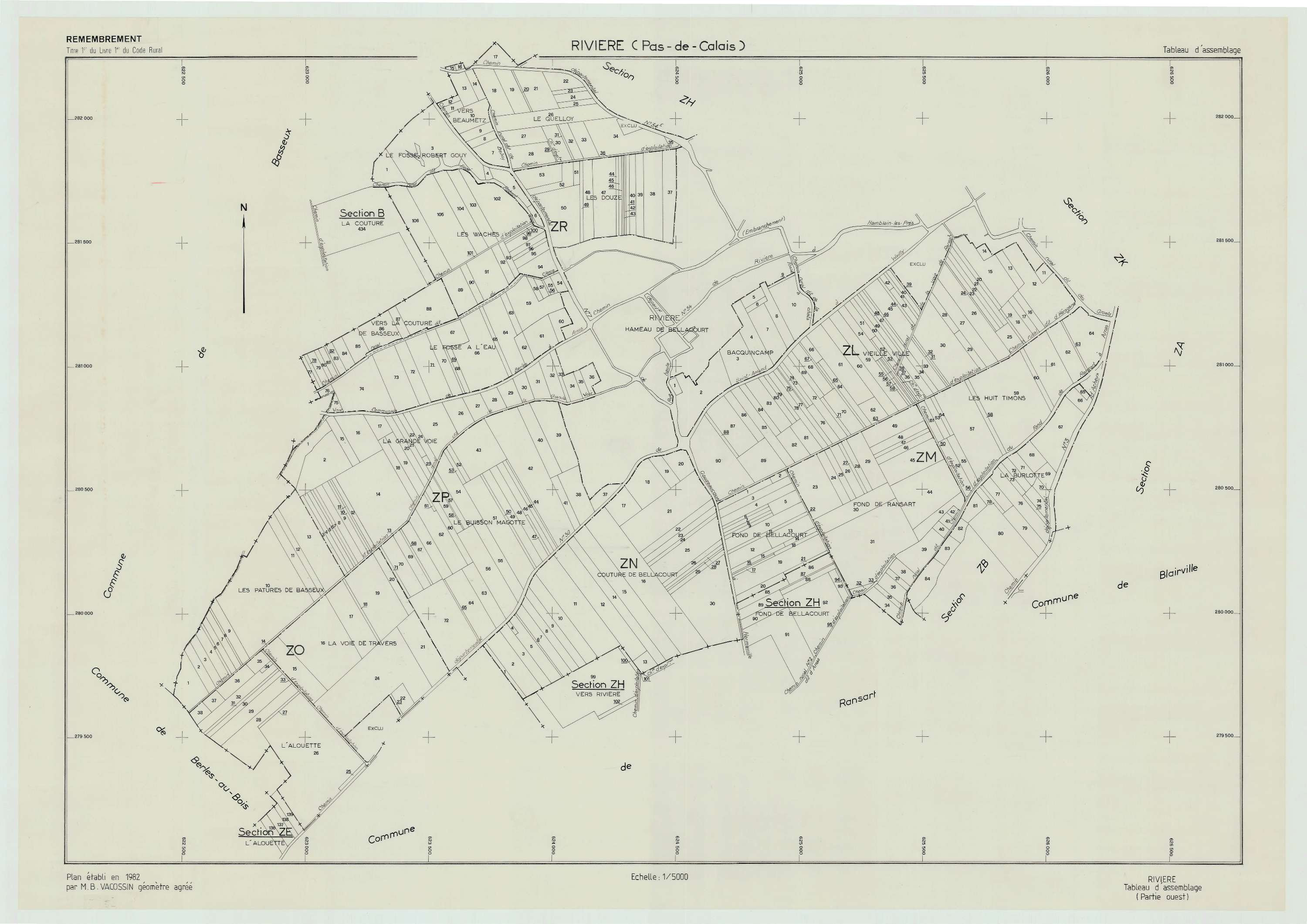 Rivière - Plan cadastral : tableau d'assemblage postérieur au remembrement.