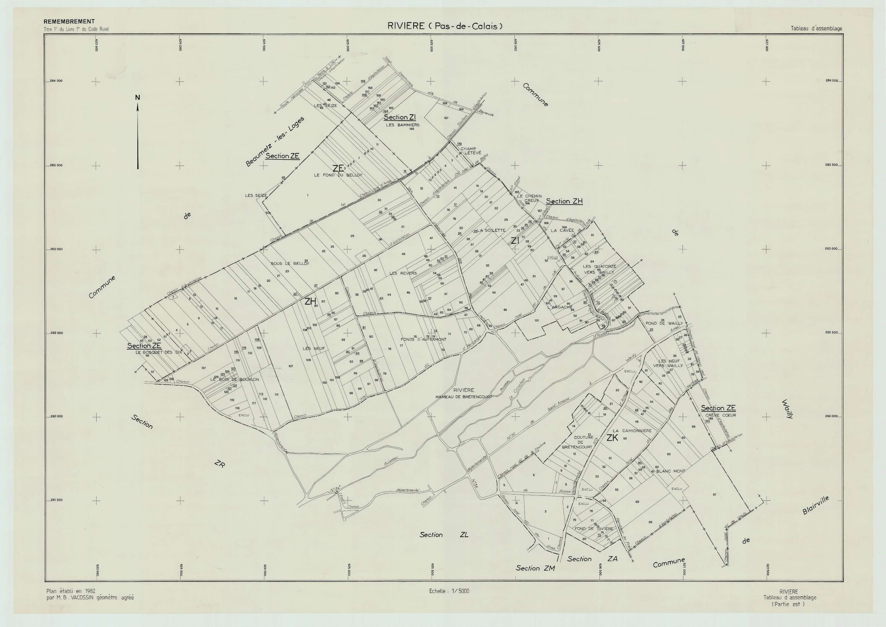 Rivière - Plan cadastral : tableau d'assemblage postérieur au remembrement.