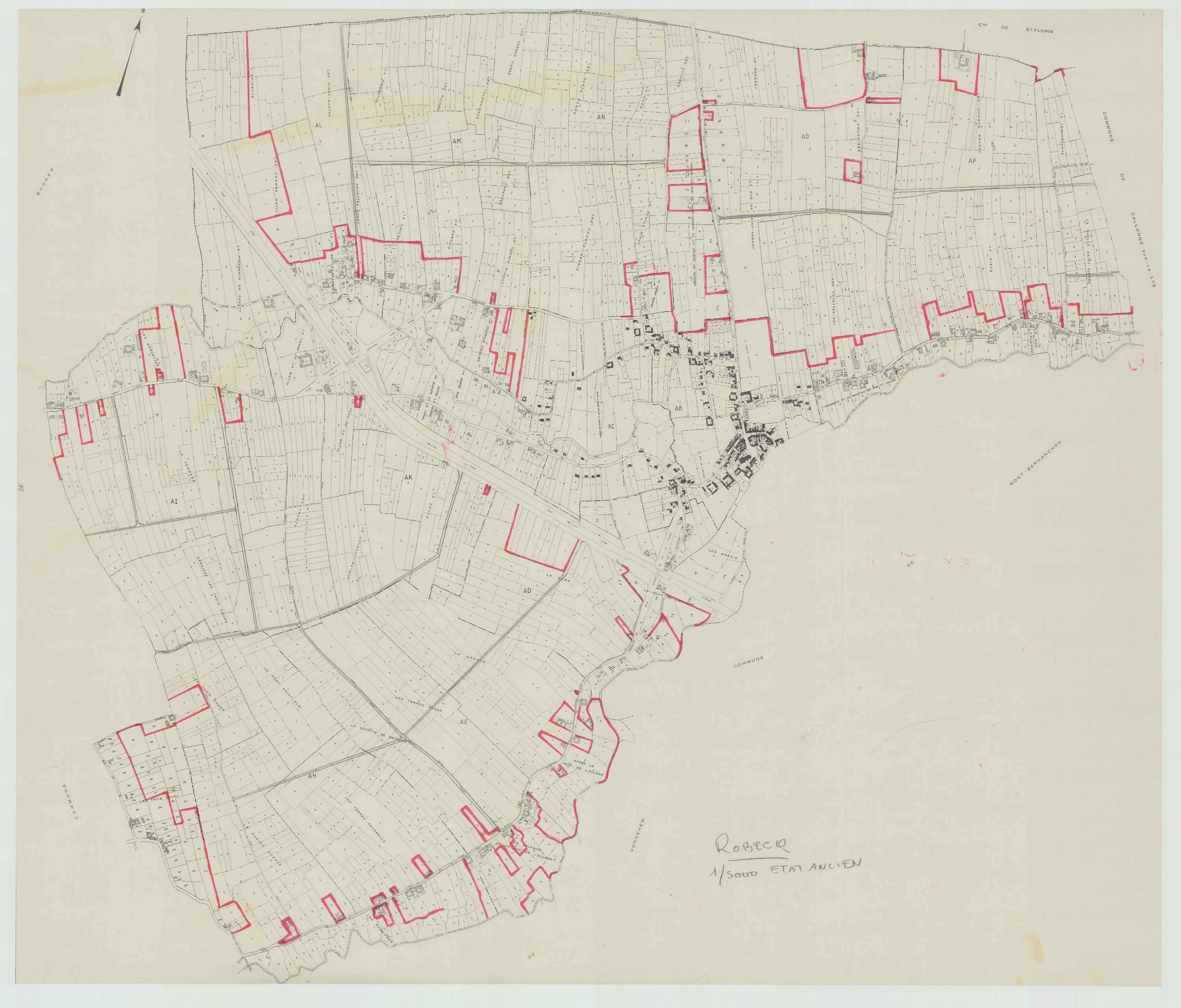 Robecq - Plan cadastral : tableau d'assemblage antérieur au remembrement.